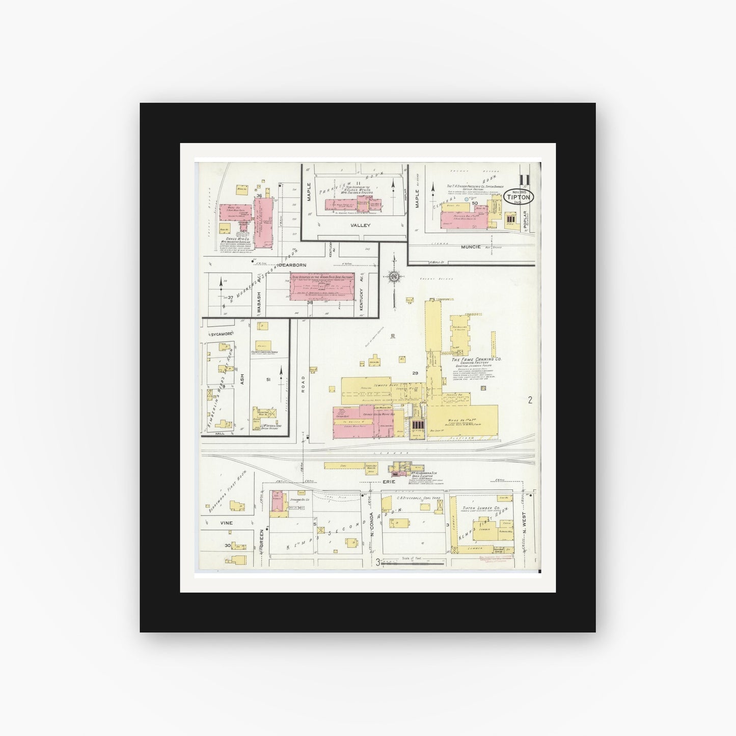 Old map wall art mockup — black gallery frame with white mat — Sanborn Fire Insurance Map from Tipton, Tipton County, Indiana (1915), Sheet #0011