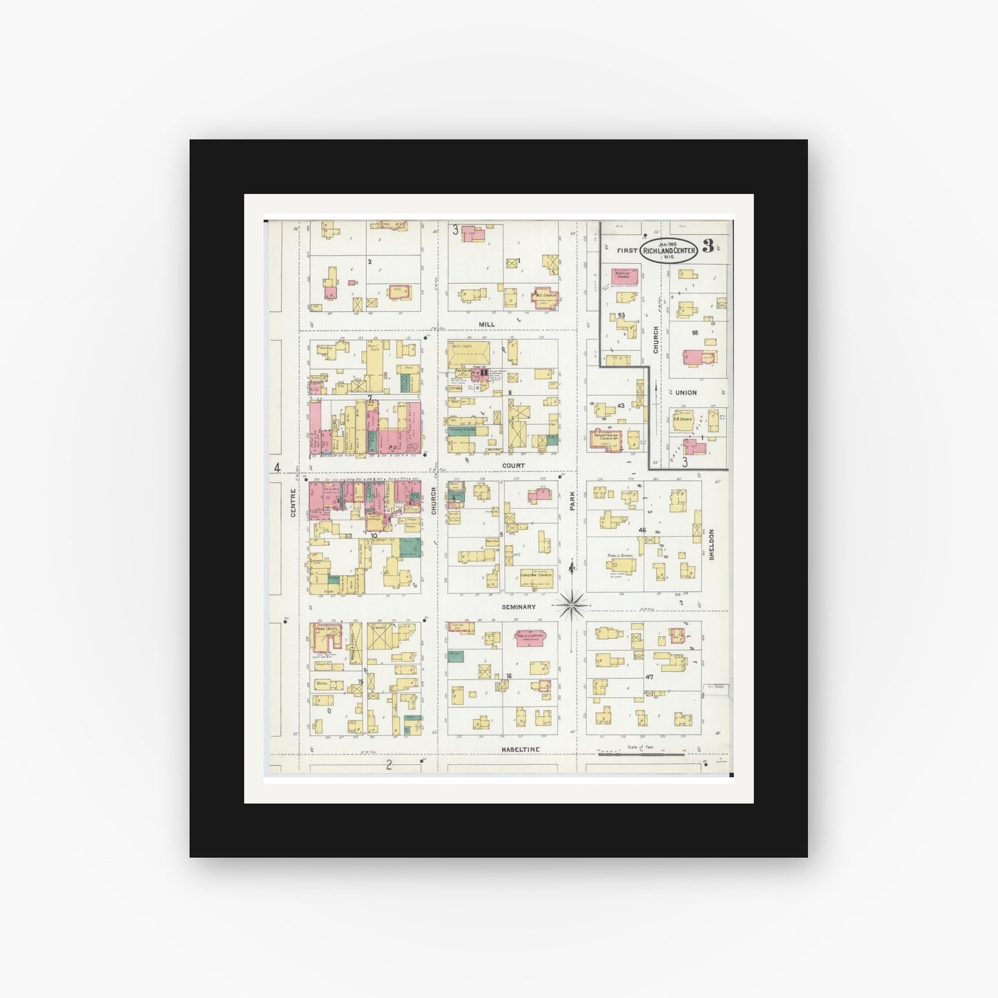 Old map wall art mockup — black gallery frame with white mat — Sanborn Fire Insurance Map from Richland Center, Richland County, Wisconsin (1905), Sheet #0003
