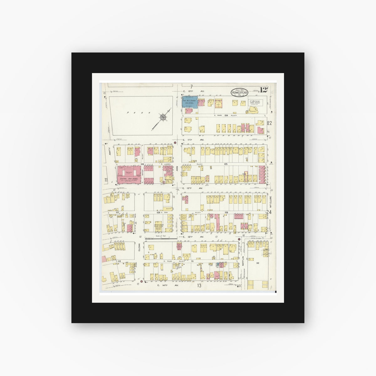 Old map wall art mockup — black gallery frame with white mat — Sanborn Fire Insurance Map from Homestead, Allegheny County, Pennsylvania (1913), Sheet #0012