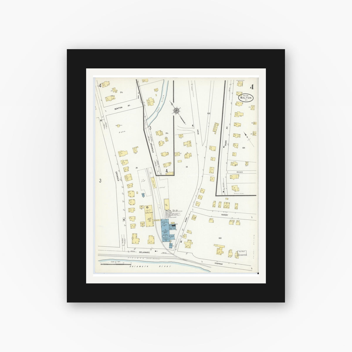 Old map wall art mockup — black gallery frame with white mat — Sanborn Fire Insurance Map from Walton, Delaware County, New York (1911), Sheet #0004
