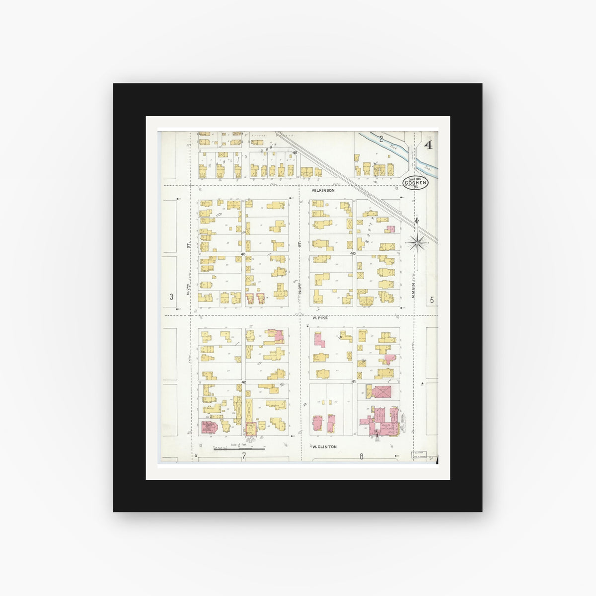 Old map wall art mockup — black gallery frame with white mat — Sanborn Fire Insurance Map from Goshen, Elkhart County, Indiana (1905), Sheet #0004