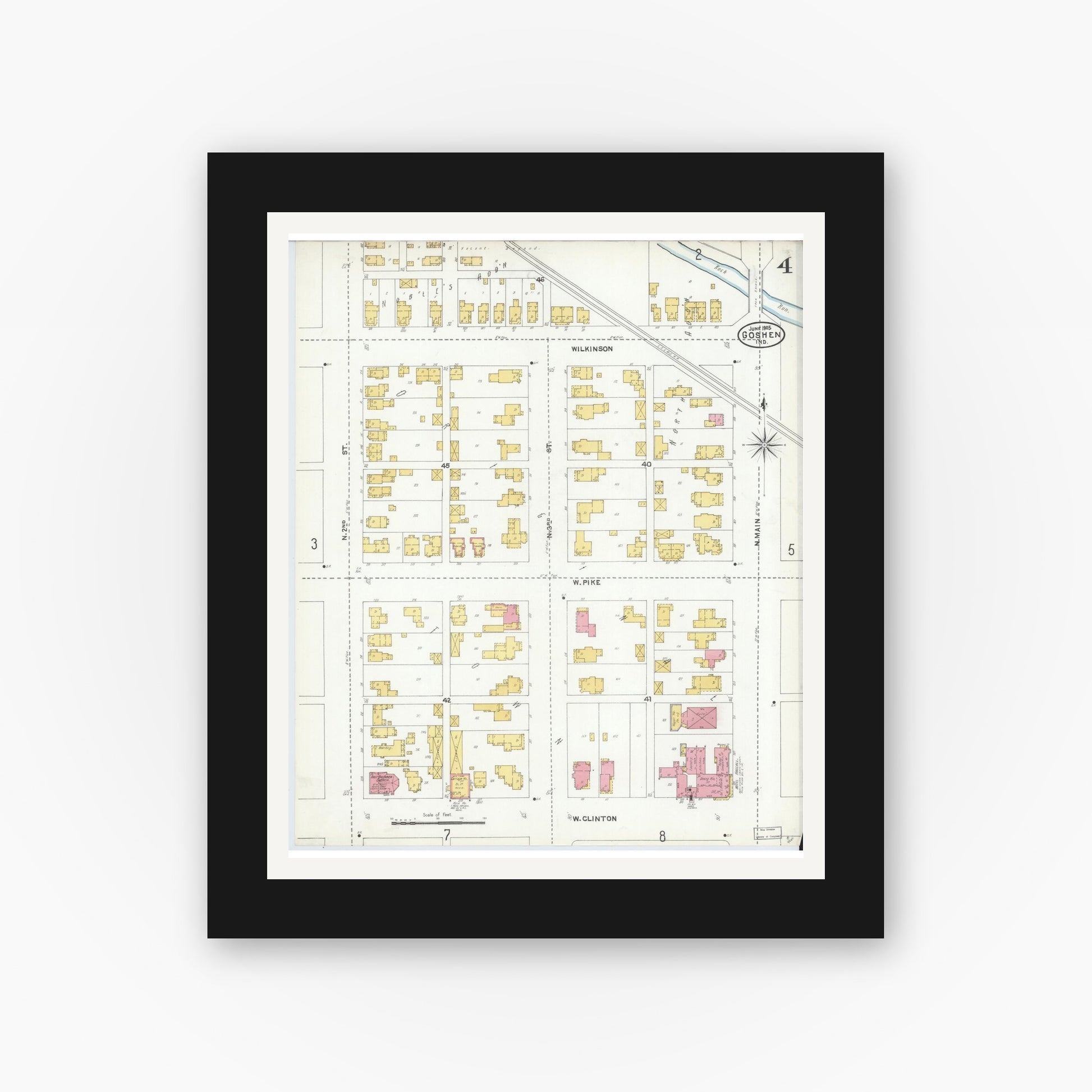 Old map wall art mockup — black gallery frame with white mat — Sanborn Fire Insurance Map from Goshen, Elkhart County, Indiana (1905), Sheet #0004