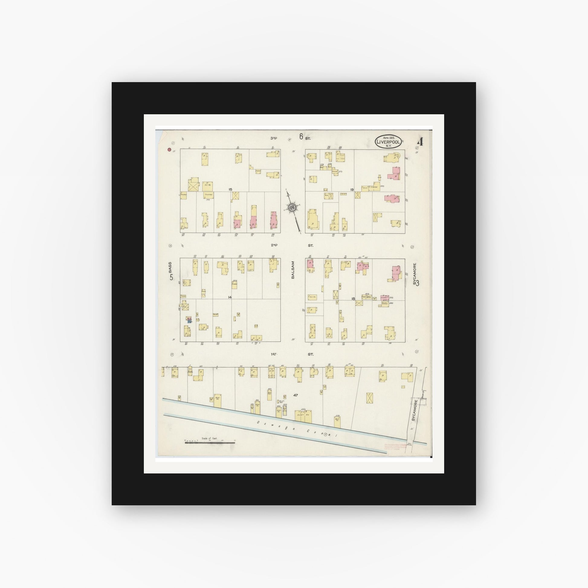 Old map wall art mockup — black gallery frame with white mat — Sanborn Fire Insurance Map from Liverpool, Onondaga County, New York (1915), Sheet #0004
