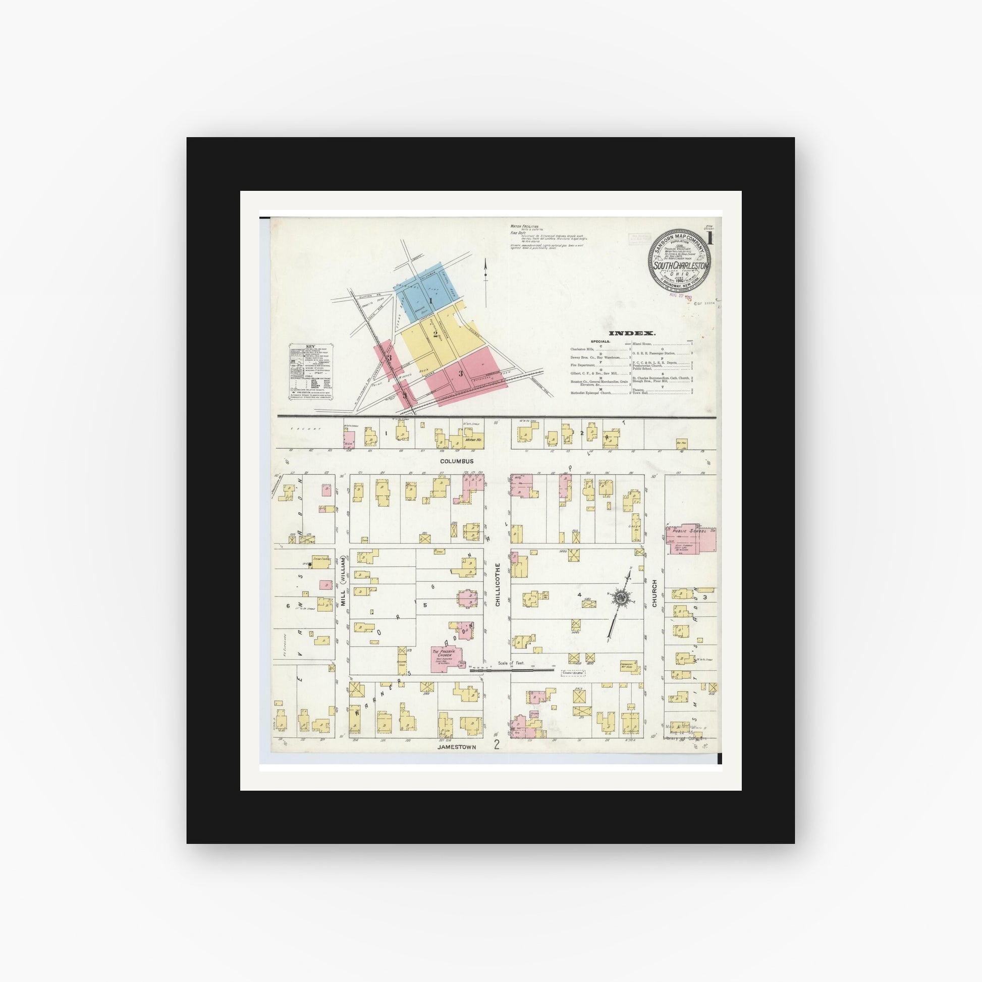 Old map wall art mockup — black gallery frame with white mat — Sanborn Fire Insurance Map from South Charleston, Clark County, Ohio (1910), Sheet #0001