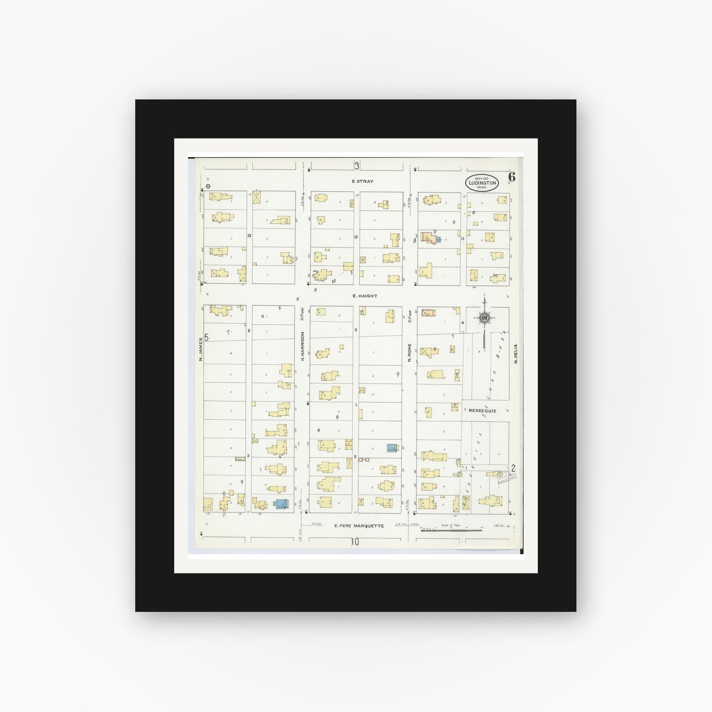 Old map wall art mockup — black gallery frame with white mat — Sanborn Fire Insurance Map from Ludington, Mason County, Michigan (1910), Sheet #0006