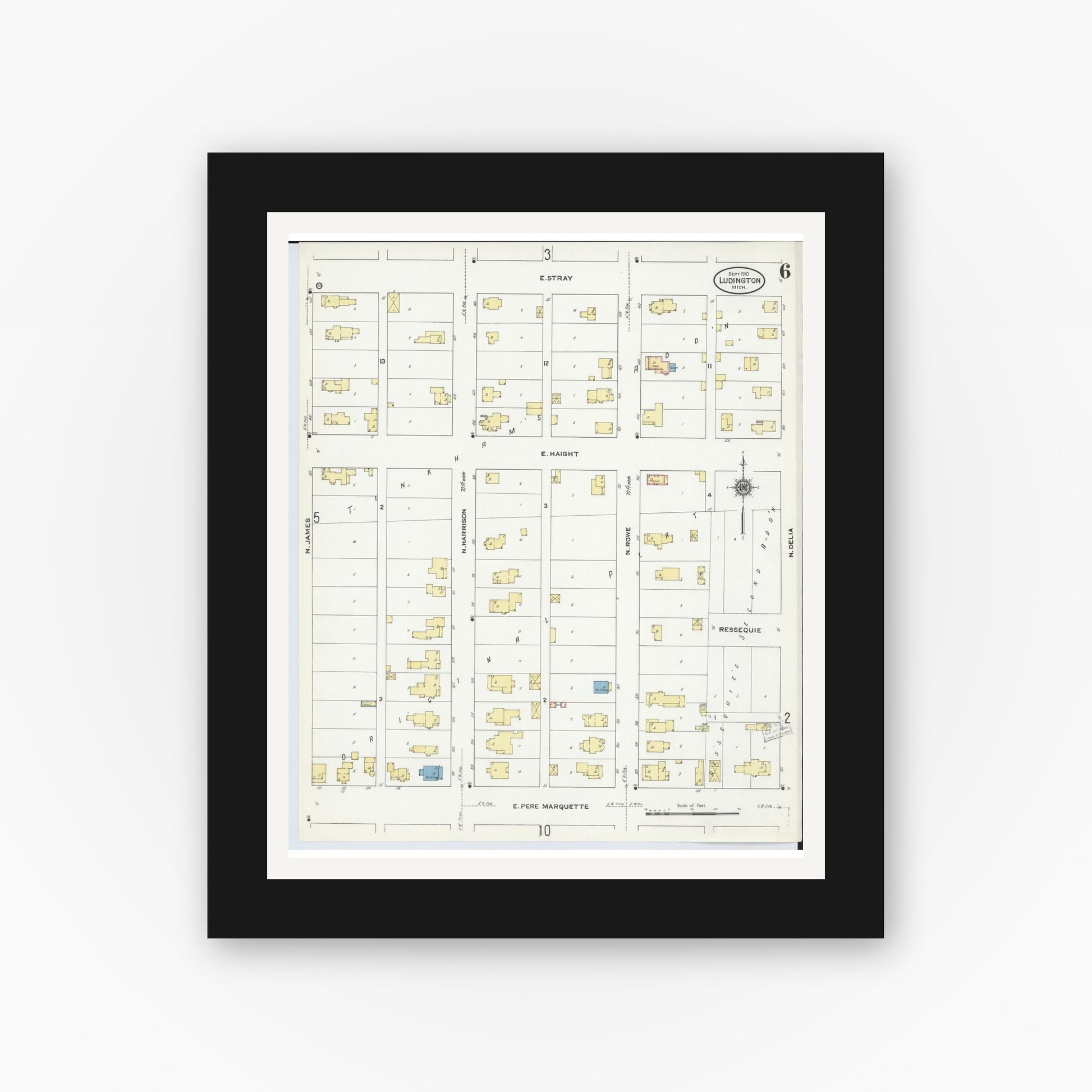 Old map wall art mockup — black gallery frame with white mat — Sanborn Fire Insurance Map from Ludington, Mason County, Michigan (1910), Sheet #0006