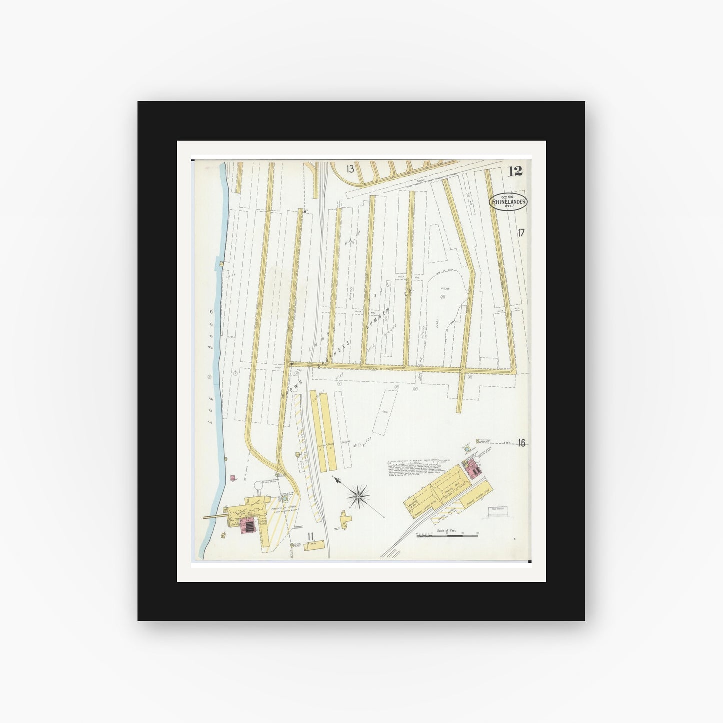 Old map wall art mockup — black gallery frame with white mat — Sanborn Fire Insurance Map from Rhinelander, Oneida County, Wisconsin (1900), Sheet #0012
