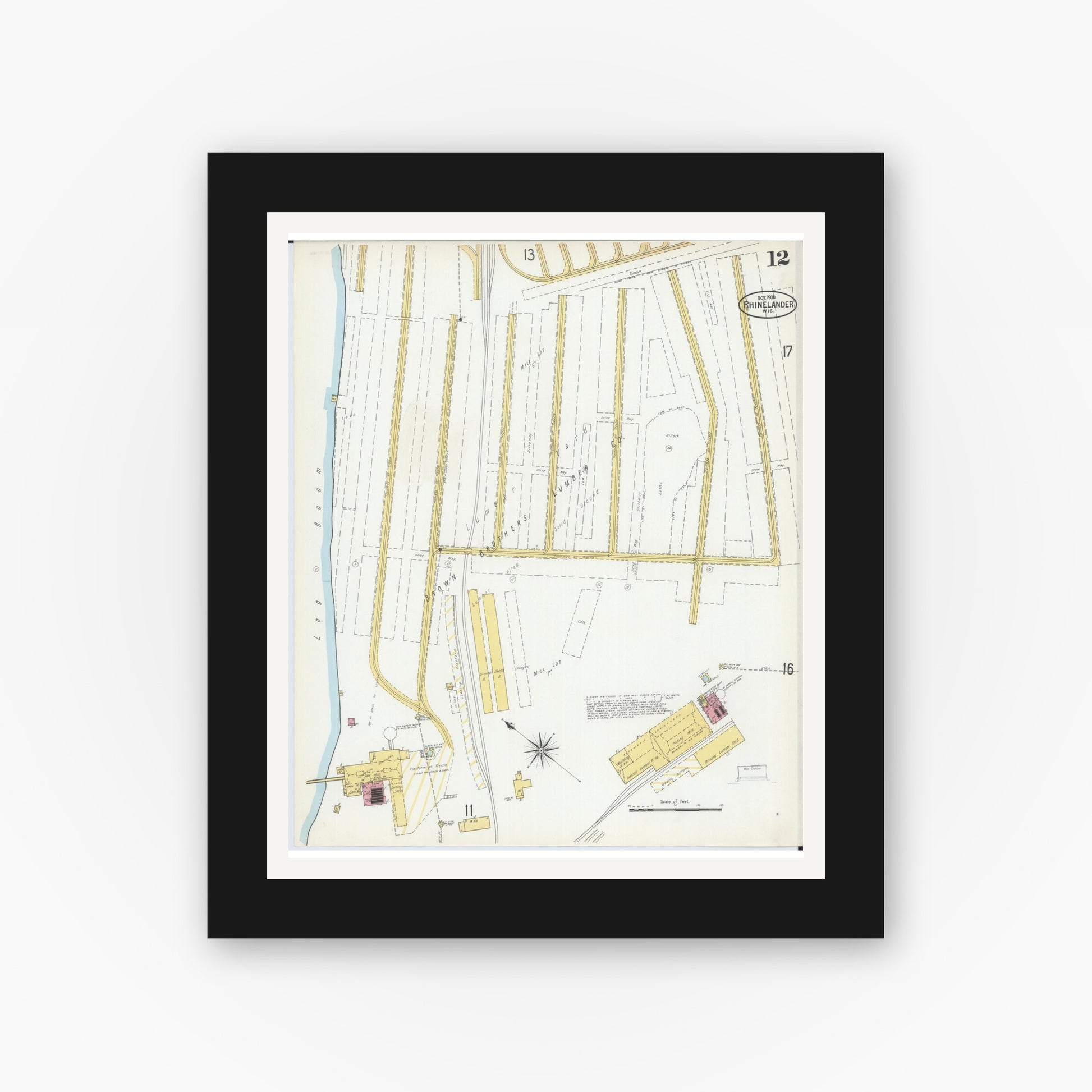 Old map wall art mockup — black gallery frame with white mat — Sanborn Fire Insurance Map from Rhinelander, Oneida County, Wisconsin (1900), Sheet #0012