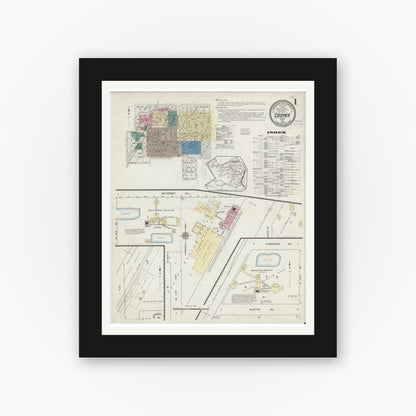Old map wall art mockup — black gallery frame with white mat — Sanborn Fire Insurance Map from Cooper, Delta County, Texas (1914) - Complete Map Set