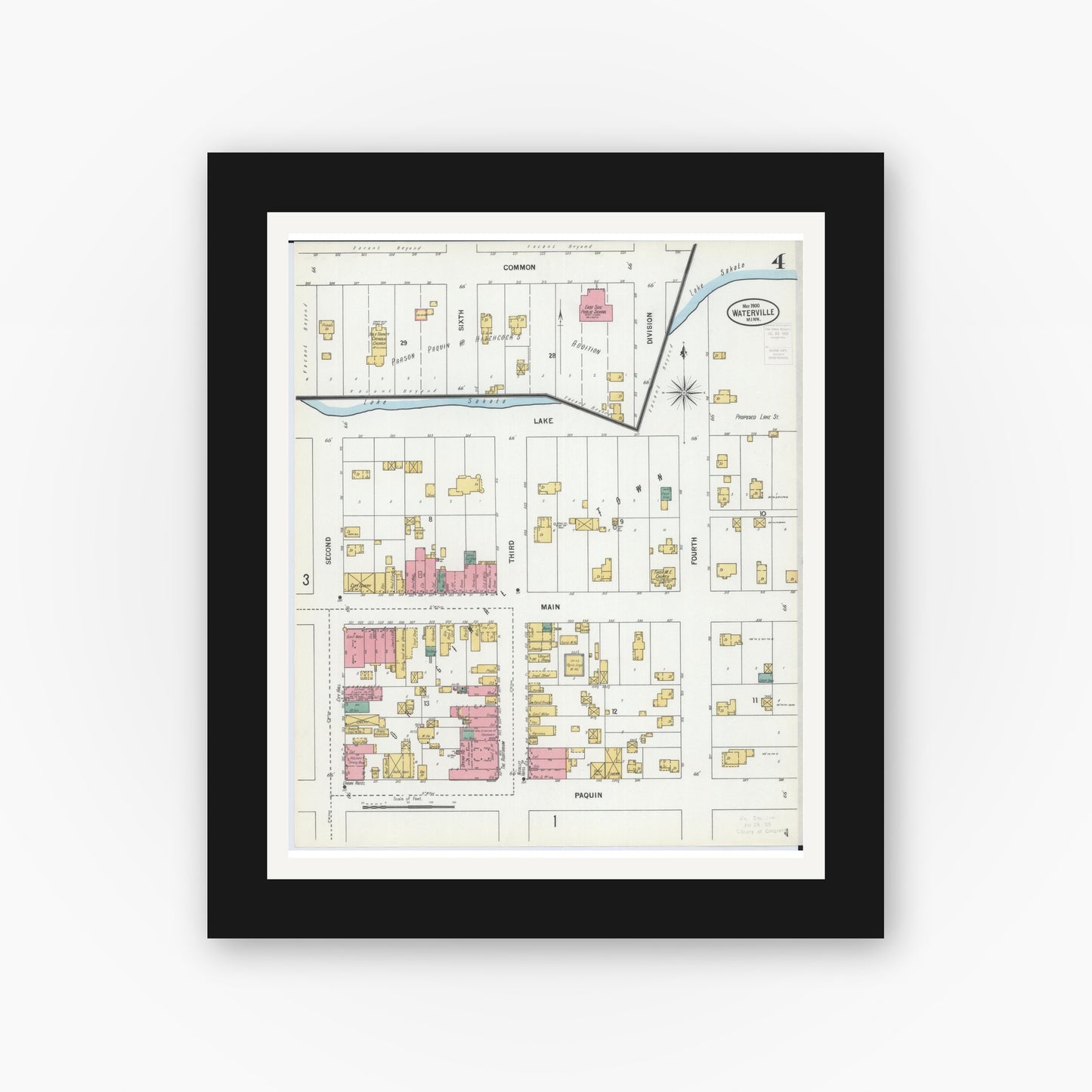 Old map wall art mockup — black gallery frame with white mat — Sanborn Fire Insurance Map from Waterville, Le Sueur County, Minnesota (1900), Sheet #0004