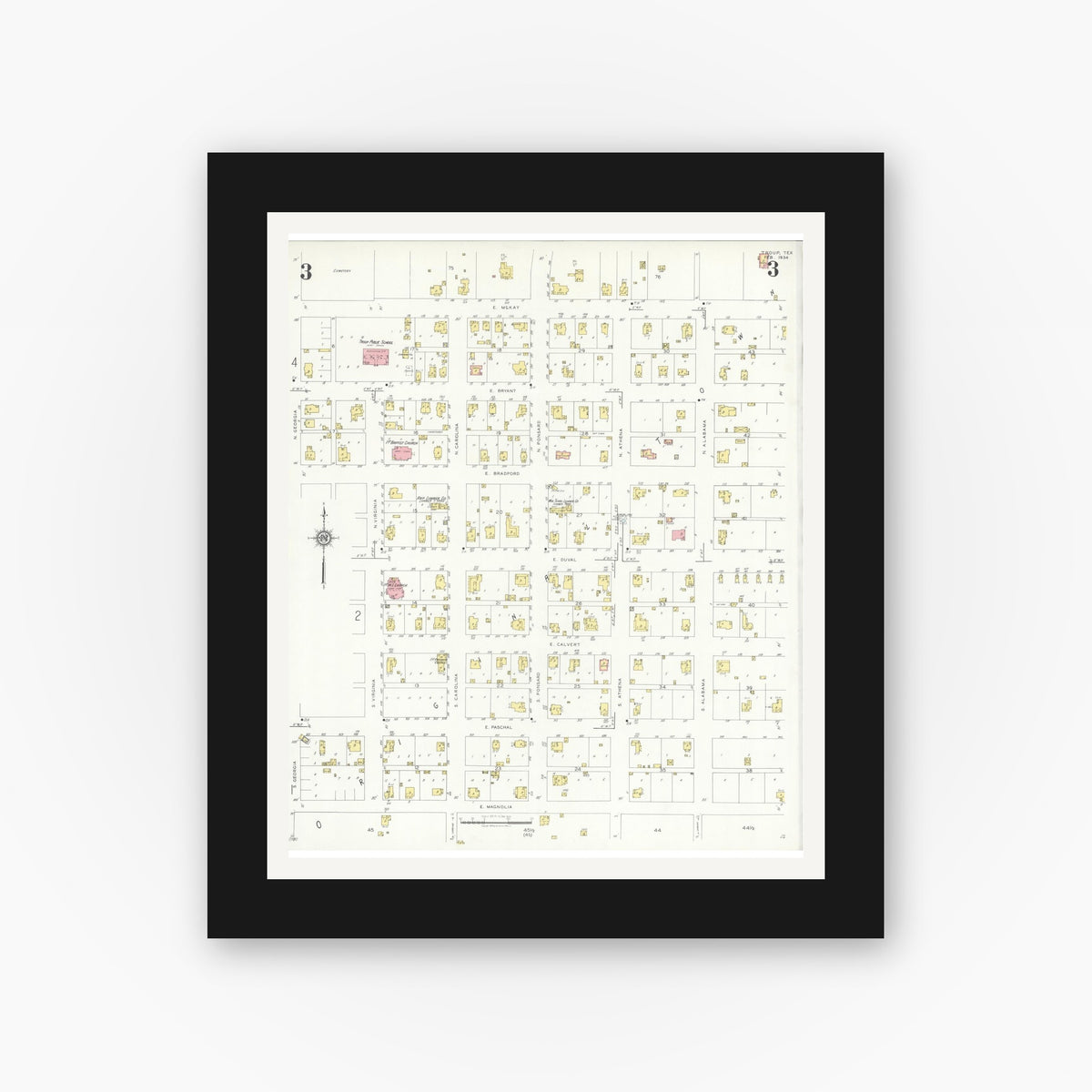 Old map wall art mockup — black gallery frame with white mat — Sanborn Fire Insurance Map from Troup, Smith County, Texas (1934), Sheet #0003