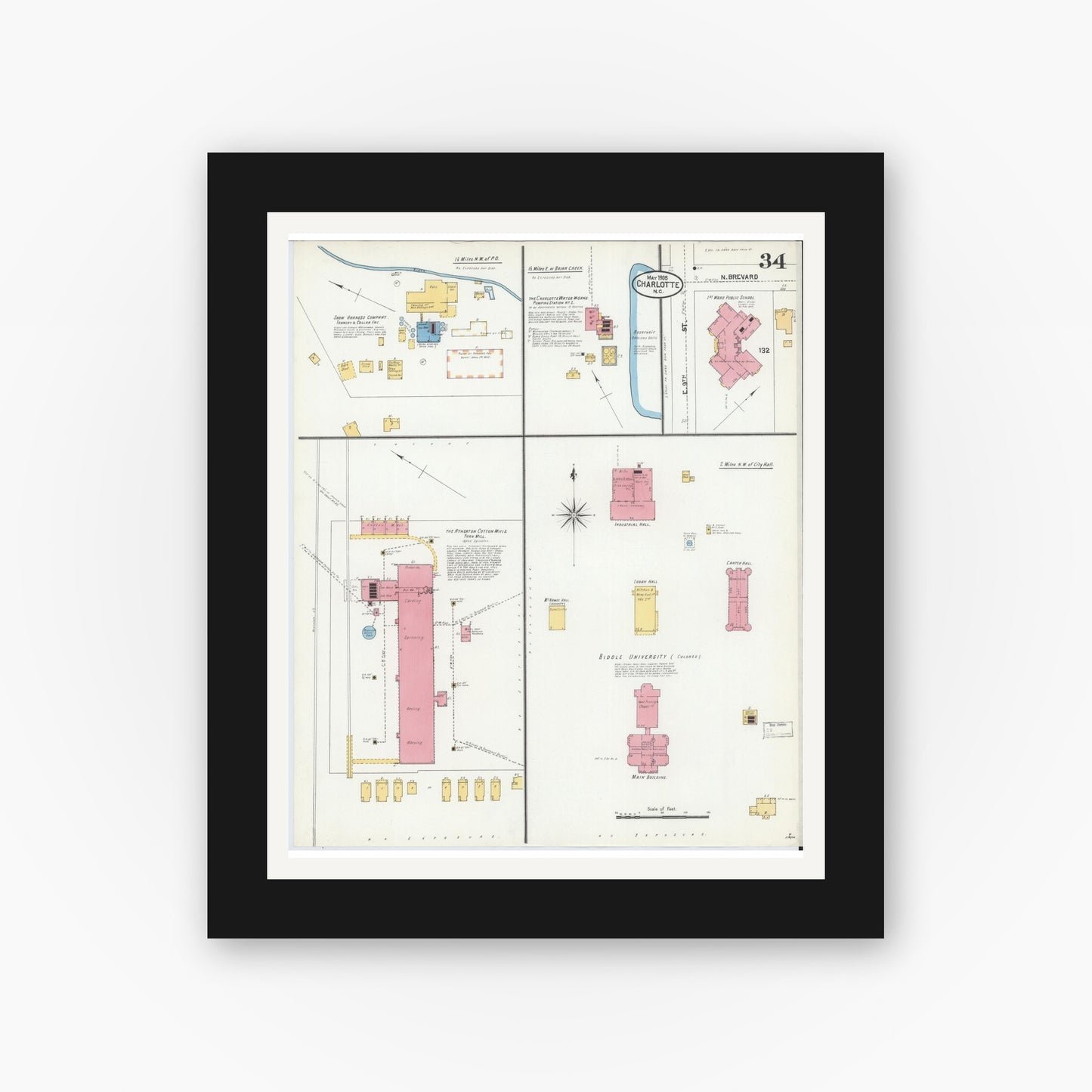 Old map wall art mockup — black gallery frame with white mat — Sanborn Fire Insurance Map from Charlotte, Mecklenburg County, North Carolina (1905), Sheet #0034