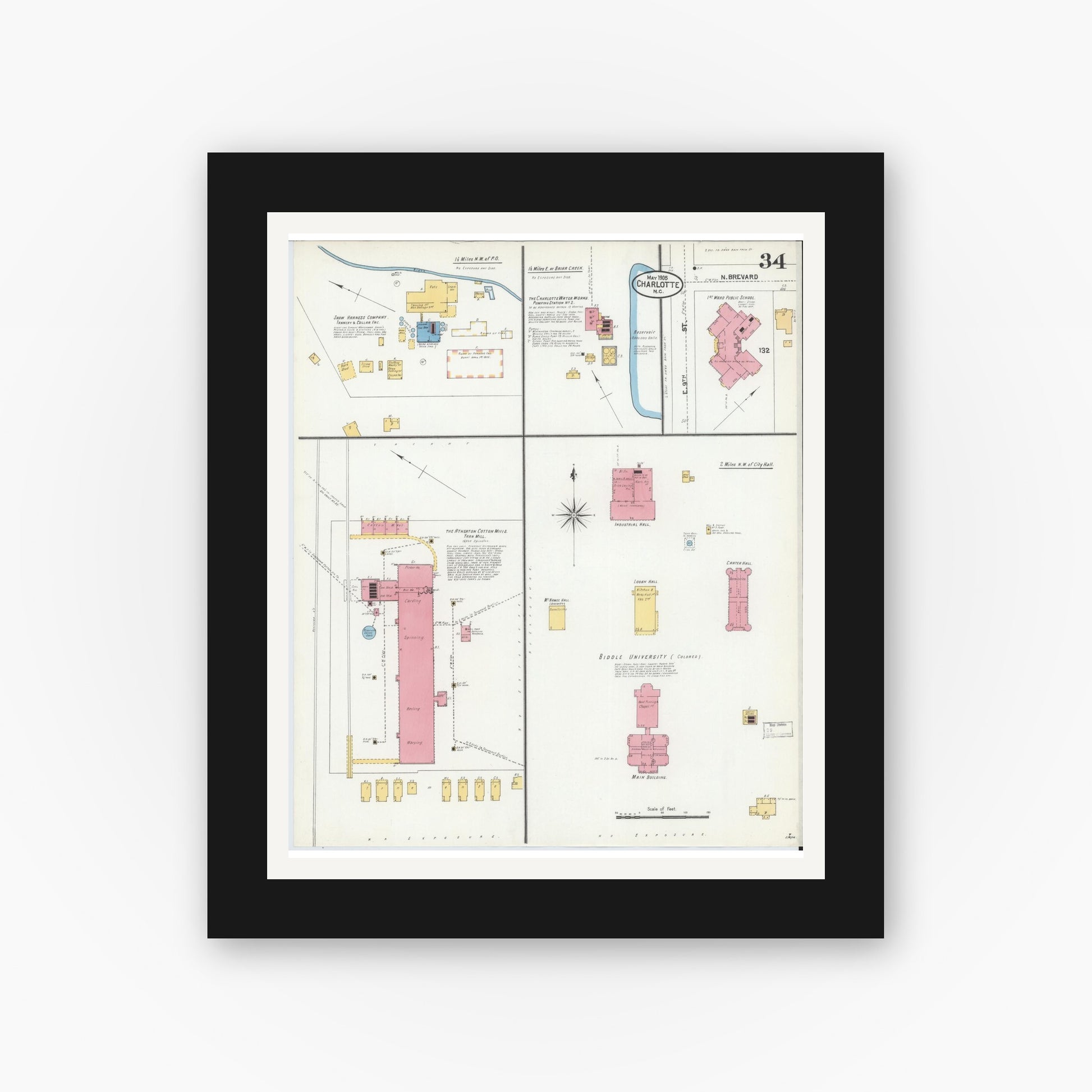 Old map wall art mockup — black gallery frame with white mat — Sanborn Fire Insurance Map from Charlotte, Mecklenburg County, North Carolina (1905), Sheet #0034