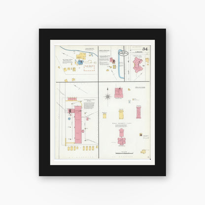 Old map wall art mockup — black gallery frame with white mat — Sanborn Fire Insurance Map from Charlotte, Mecklenburg County, North Carolina (1905), Sheet #0034