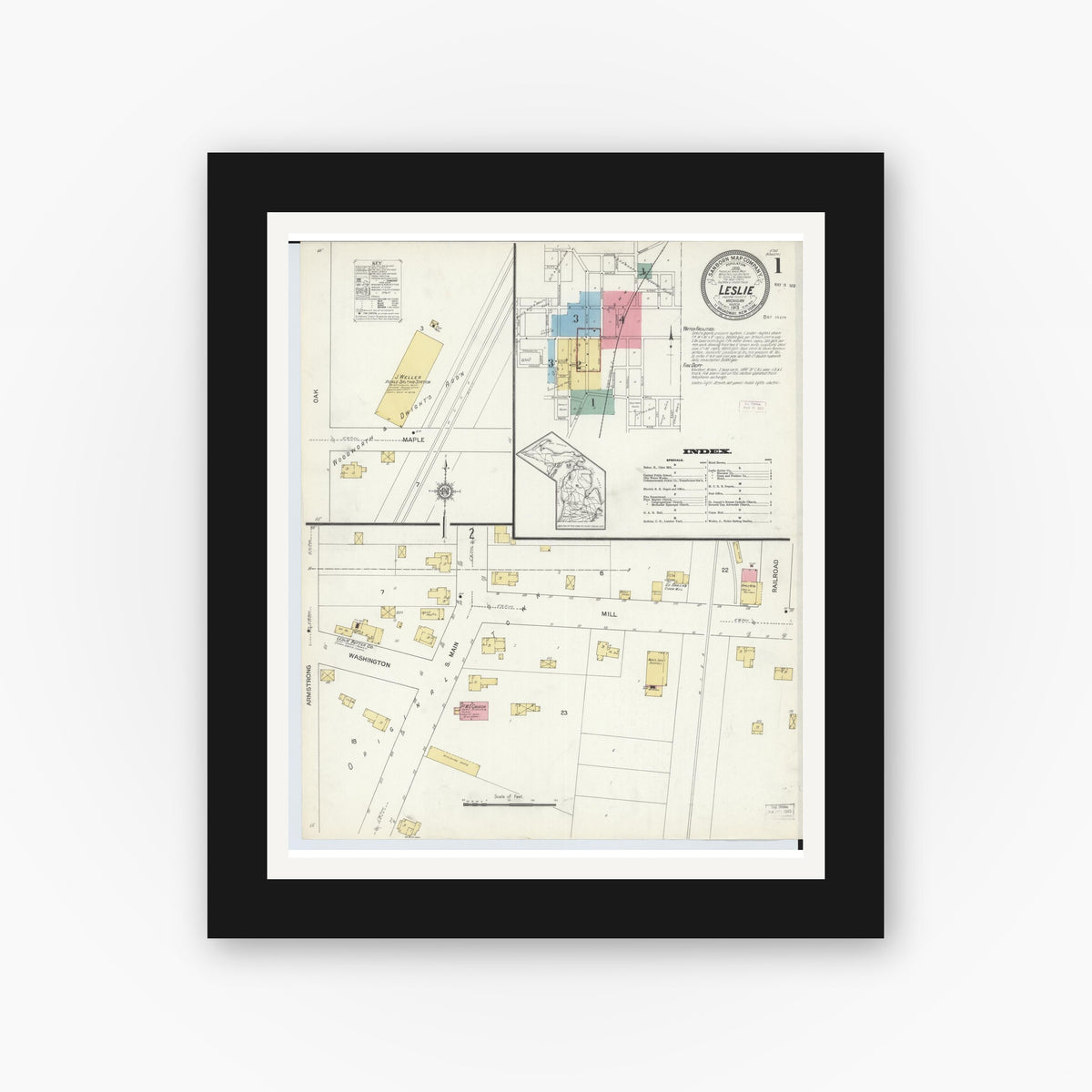 Old map wall art mockup — black gallery frame with white mat — Sanborn Fire Insurance Map from Leslie, Ingham County, Michigan (1913), Sheet #0001