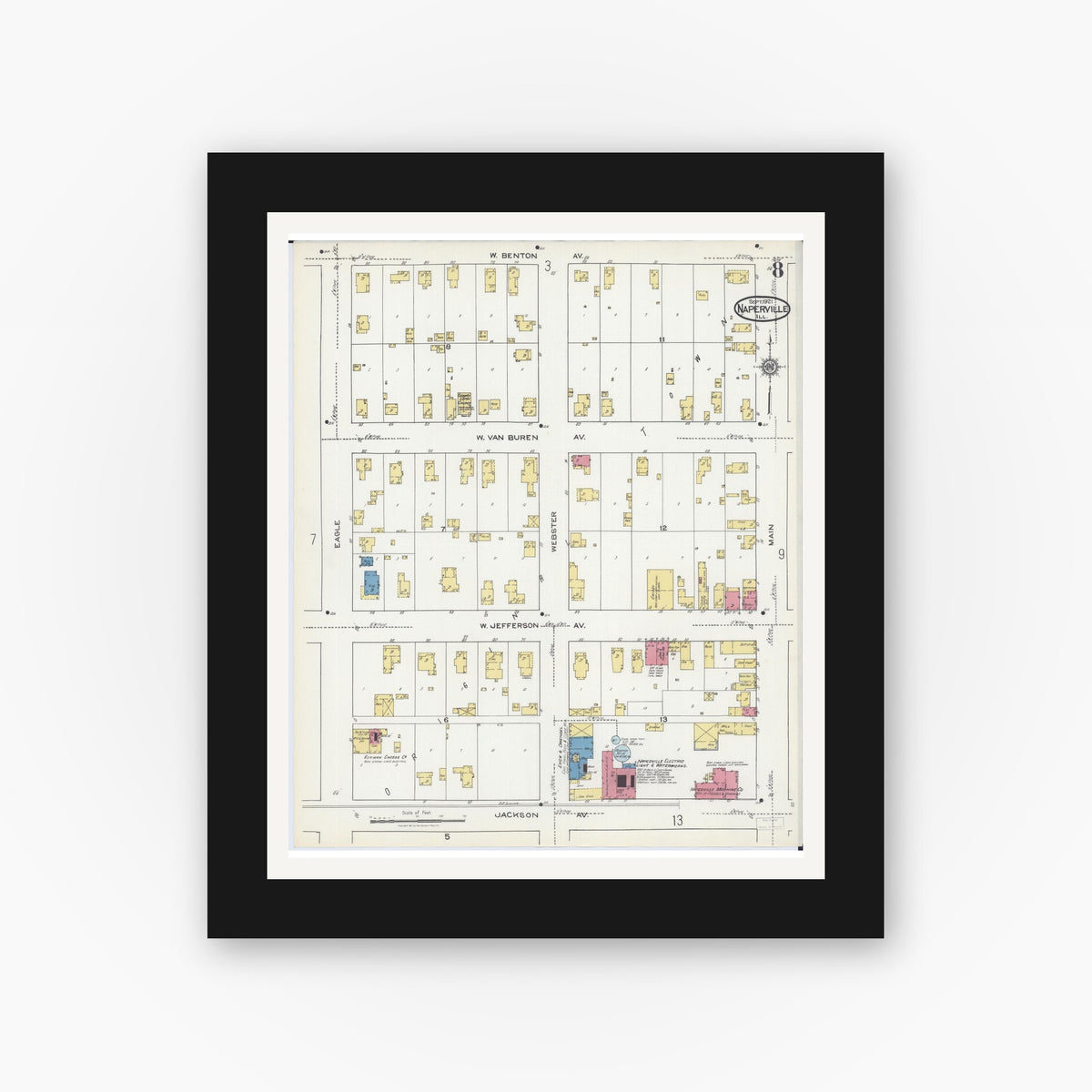 Old map wall art mockup — black gallery frame with white mat — Sanborn Fire Insurance Map from Naperville, Du Page County, Illinois (1921), Sheet #0008