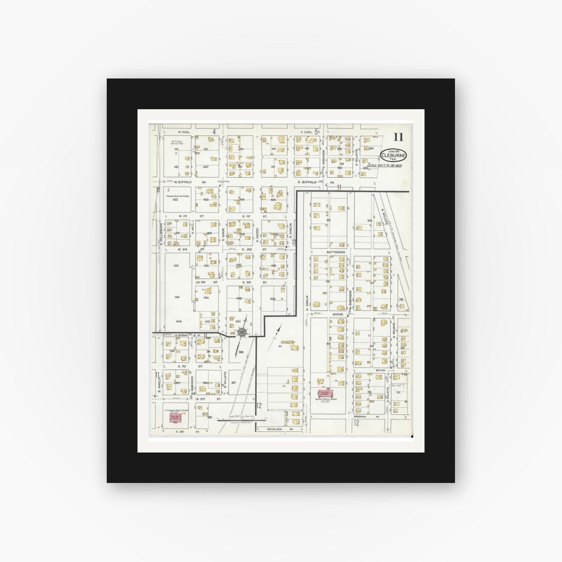 Old map wall art mockup — black gallery frame with white mat — Sanborn Fire Insurance Map from Cleburne, Johnson County, Texas (1918), Sheet #0011