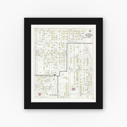 Old map wall art mockup — black gallery frame with white mat — Sanborn Fire Insurance Map from Cleburne, Johnson County, Texas (1918), Sheet #0011