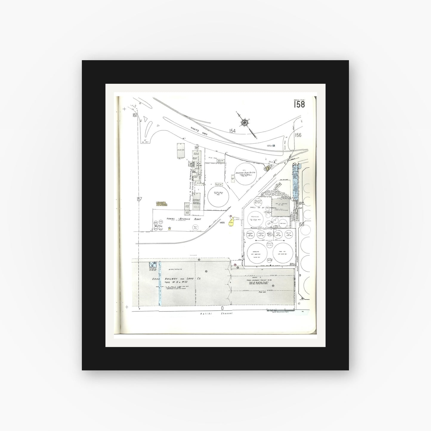 Old map wall art mockup — black gallery frame with white mat — Sanborn Fire Insurance Map from Honolulu, Oahu County, Hawaii (1955), Sheet #0158