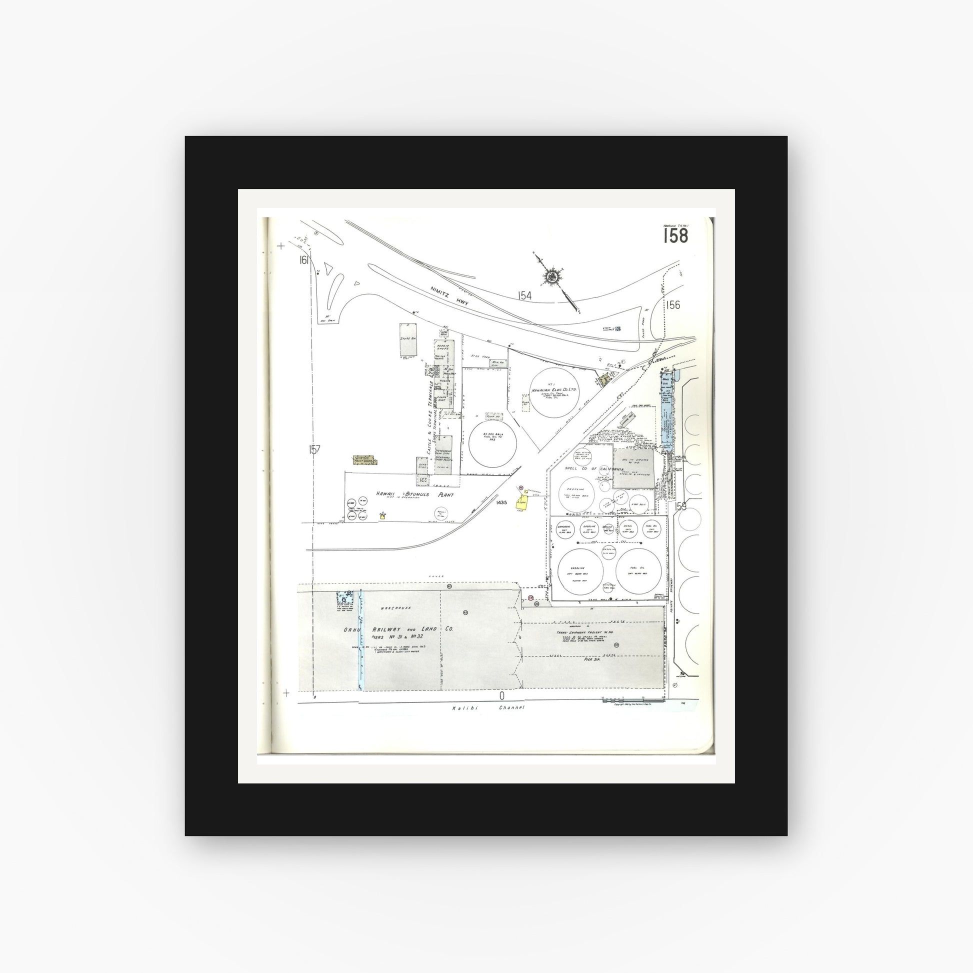 Old map wall art mockup — black gallery frame with white mat — Sanborn Fire Insurance Map from Honolulu, Oahu County, Hawaii (1955), Sheet #0158