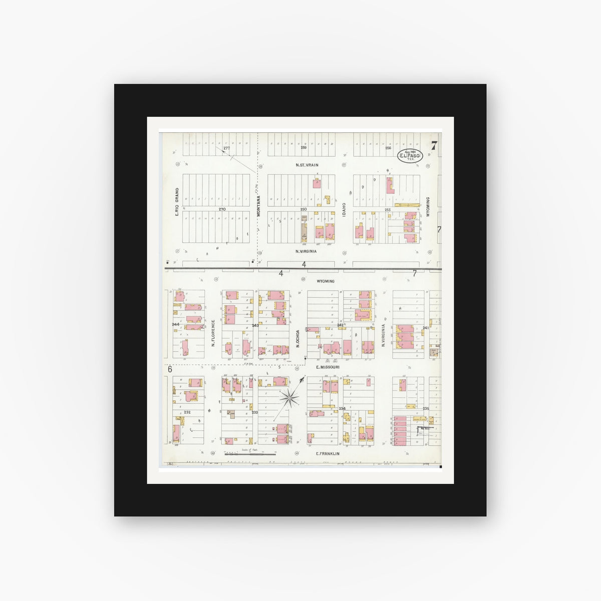 Old map wall art mockup — black gallery frame with white mat — Sanborn Fire Insurance Map from El Paso, El Paso County, Texas (1900), Sheet #0007