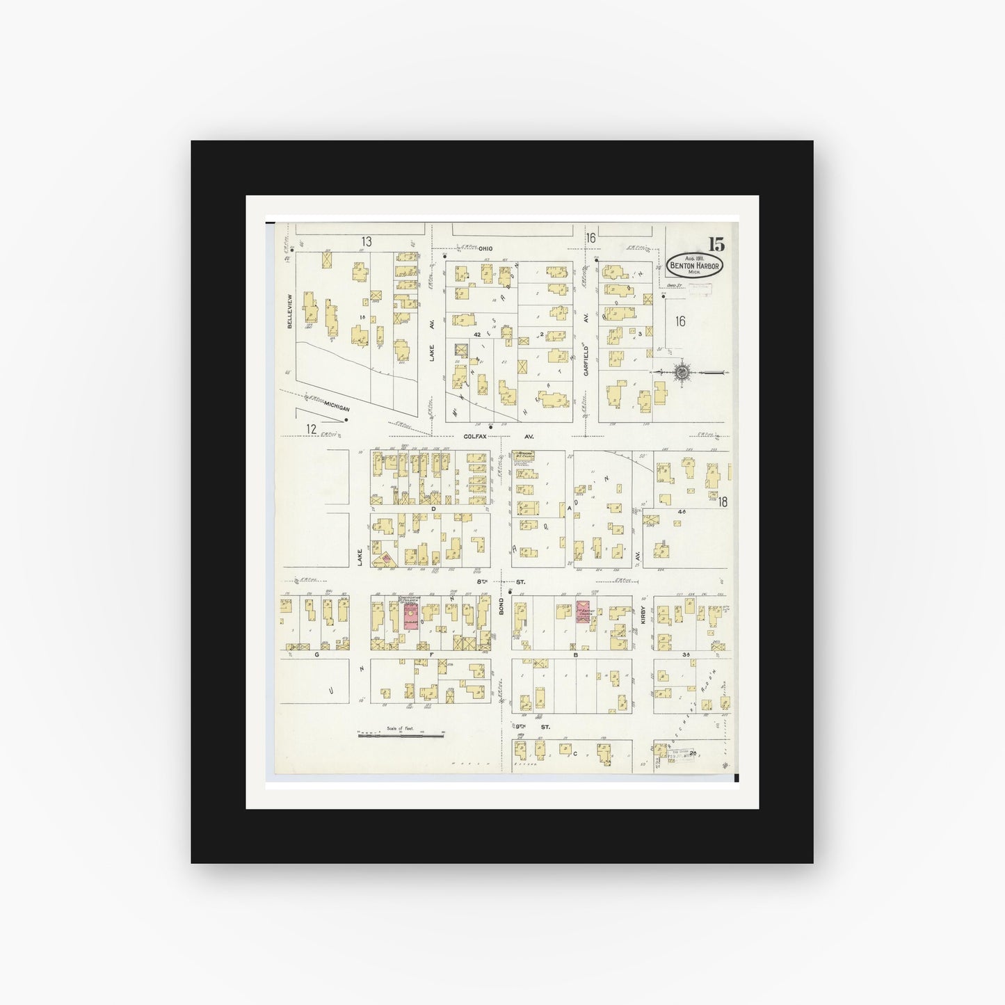 Old map wall art mockup — black gallery frame with white mat — Sanborn Fire Insurance Map from Benton Harbor, Berrien County, Michigan (1911), Sheet #0015