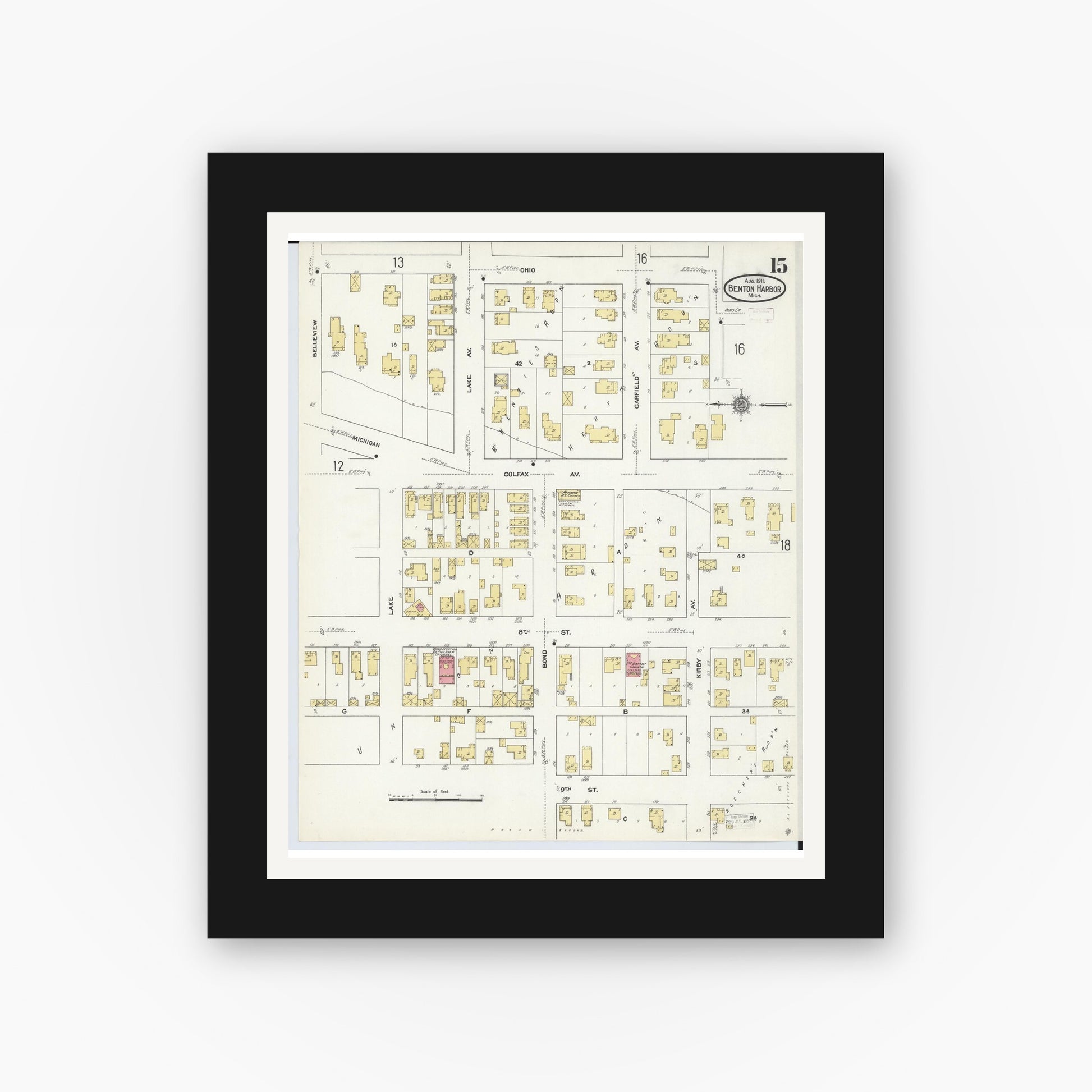 Old map wall art mockup — black gallery frame with white mat — Sanborn Fire Insurance Map from Benton Harbor, Berrien County, Michigan (1911), Sheet #0015