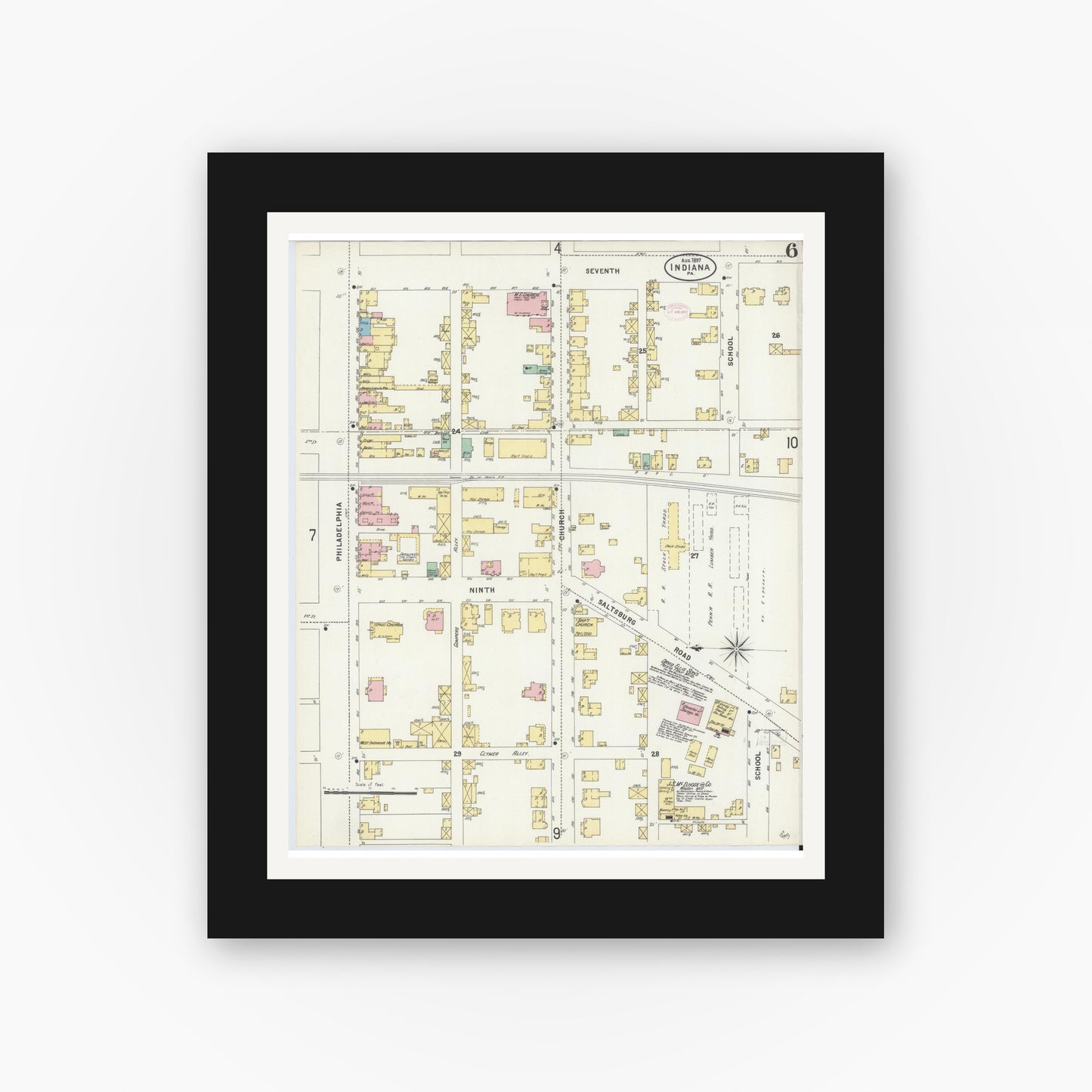 Old map wall art mockup — black gallery frame with white mat — Sanborn Fire Insurance Map from Indiana, Indiana County, Pennsylvania (1888), Sheet #0006