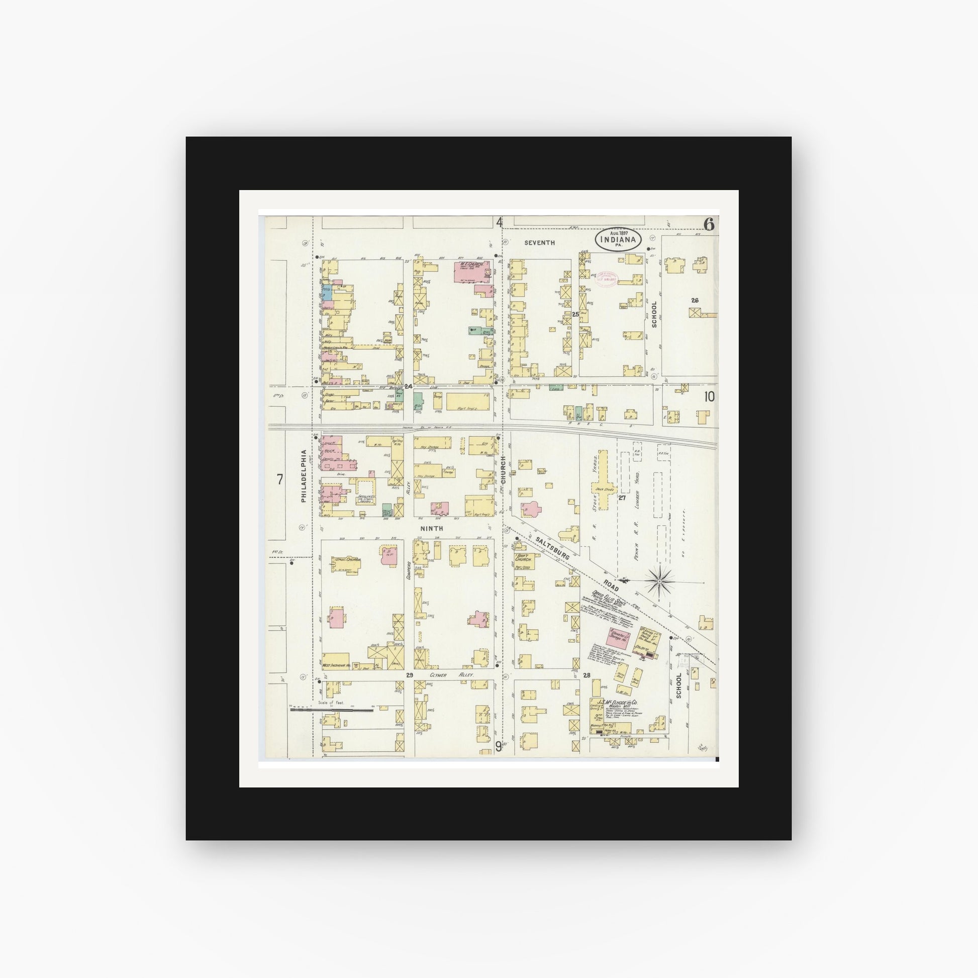 Old map wall art mockup — black gallery frame with white mat — Sanborn Fire Insurance Map from Indiana, Indiana County, Pennsylvania (1888), Sheet #0006