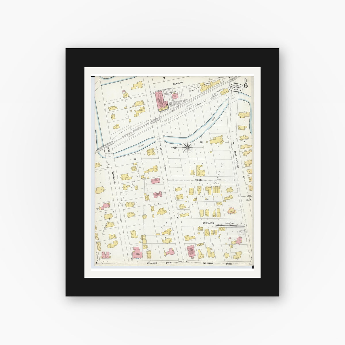 Old map wall art mockup — black gallery frame with white mat — Sanborn Fire Insurance Map from Pontiac, Oakland County, Michigan (1903), Sheet #0006
