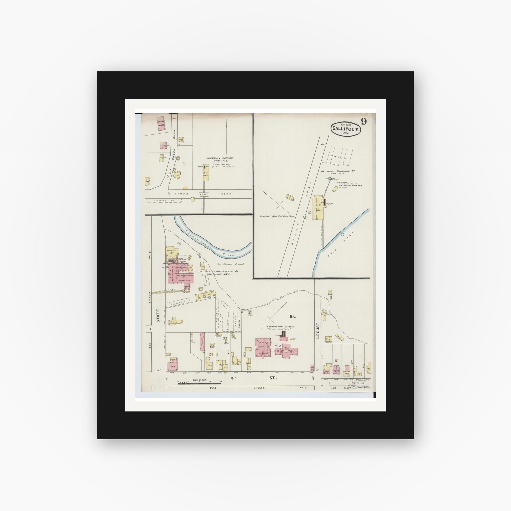 Old map wall art mockup — black gallery frame with white mat — Sanborn Fire Insurance Map from Gallipolis, Gallia County, Ohio (1890), Sheet #0009