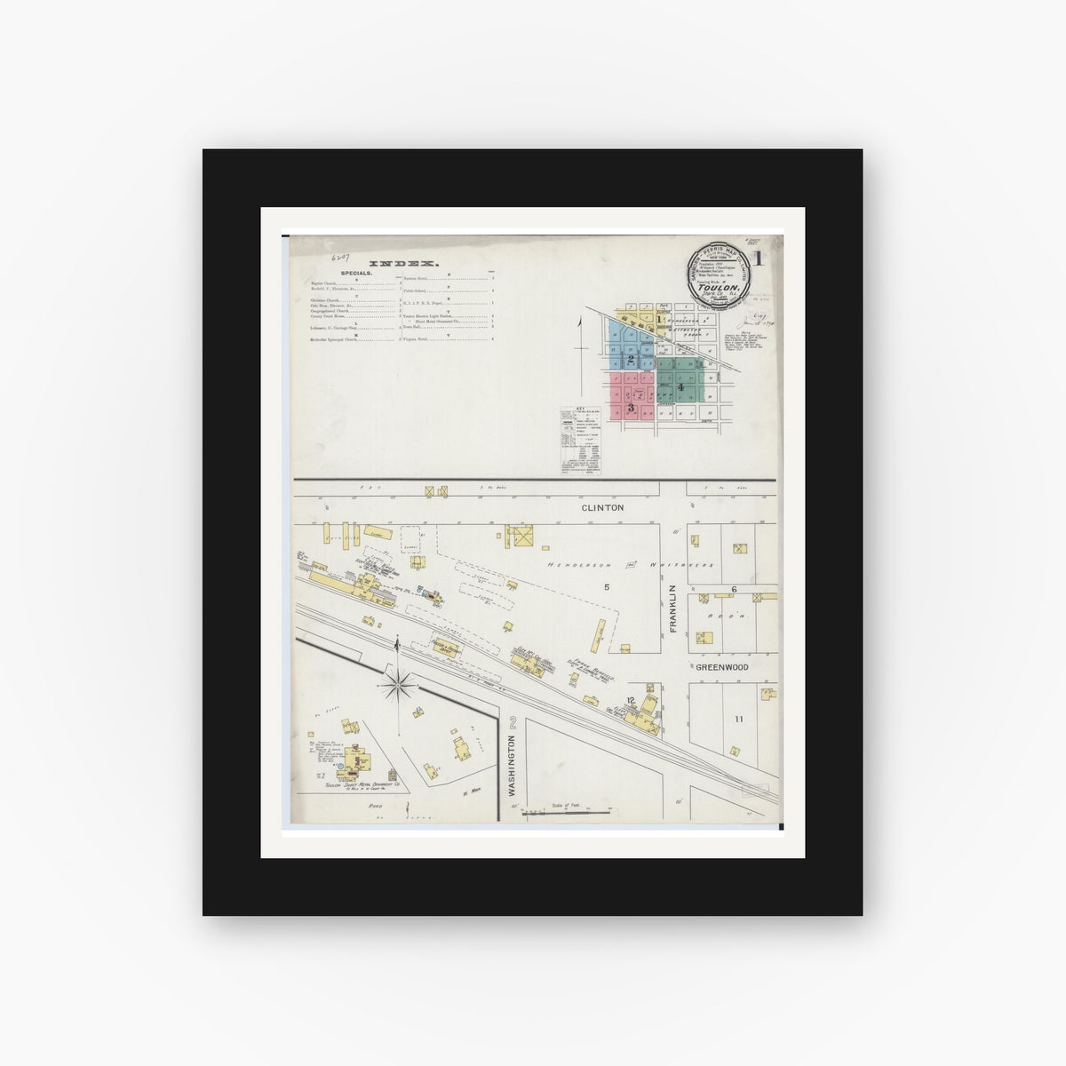 Old map wall art mockup — black gallery frame with white mat — Sanborn Fire Insurance Map from Toulon, Stark County, Illinois (1893), Sheet #0001