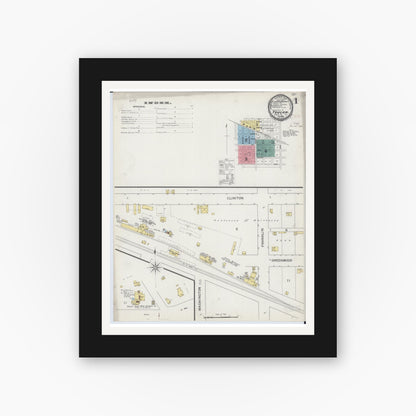 Old map wall art mockup — black gallery frame with white mat — Sanborn Fire Insurance Map from Toulon, Stark County, Illinois (1893), Sheet #0001