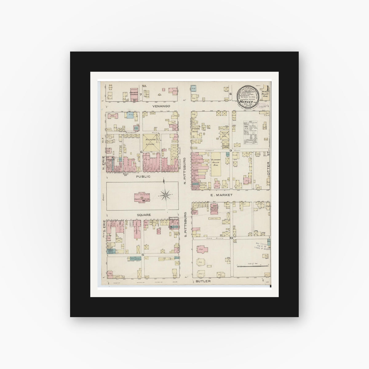 Old map wall art mockup — black gallery frame with white mat — Sanborn Fire Insurance Map from Mercer, Mercer County, Pennsylvania (1886) - Complete Map Set