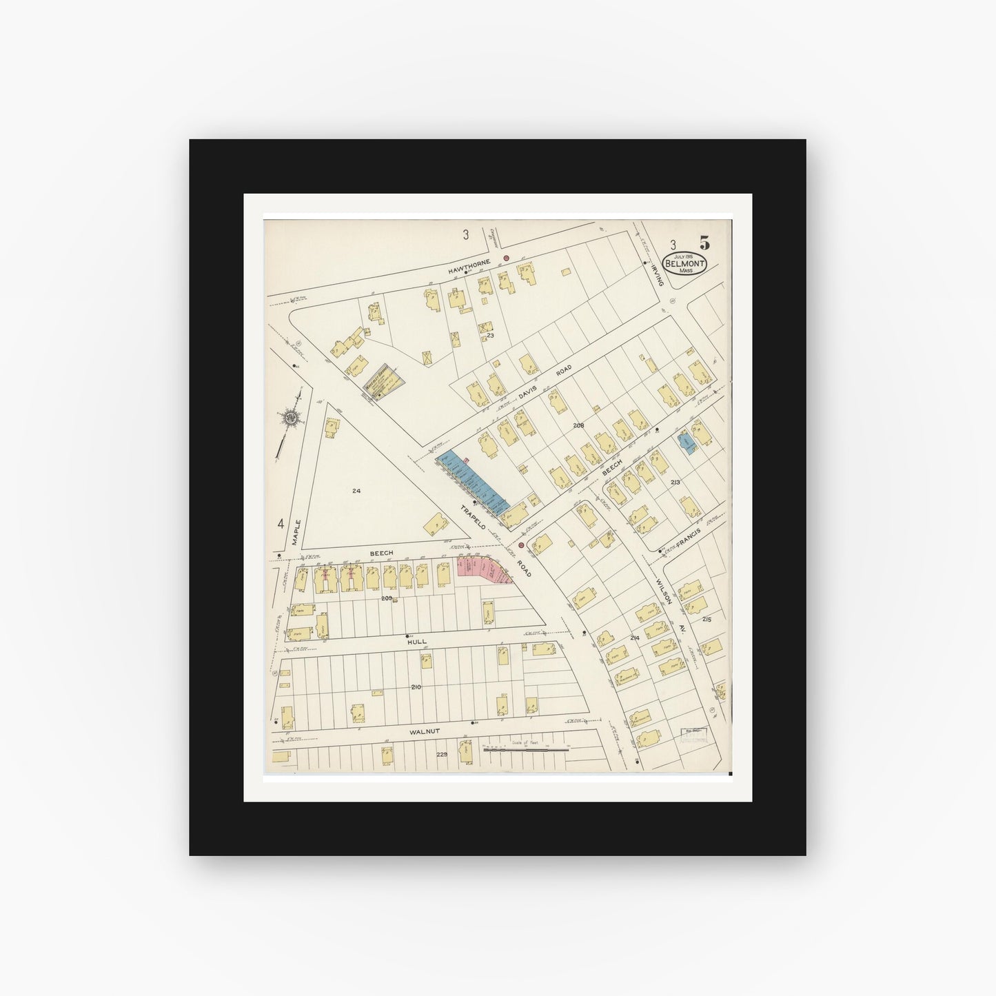 Old map wall art mockup — black gallery frame with white mat — Sanborn Fire Insurance Map from Belmont, Middlesex County, Massachusetts (1915), Sheet #0005