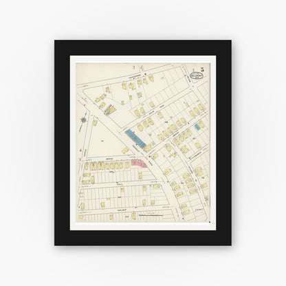 Old map wall art mockup — black gallery frame with white mat — Sanborn Fire Insurance Map from Belmont, Middlesex County, Massachusetts (1915), Sheet #0005