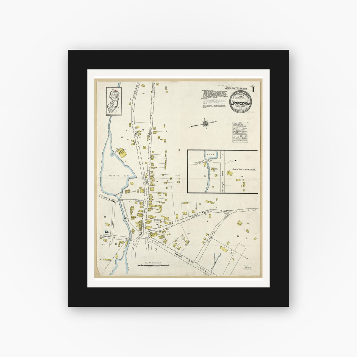 Old map wall art mockup — black gallery frame with white mat — Sanborn Fire Insurance Map from Branchville, Sussex County, New Jersey (1920), Sheet #0001
