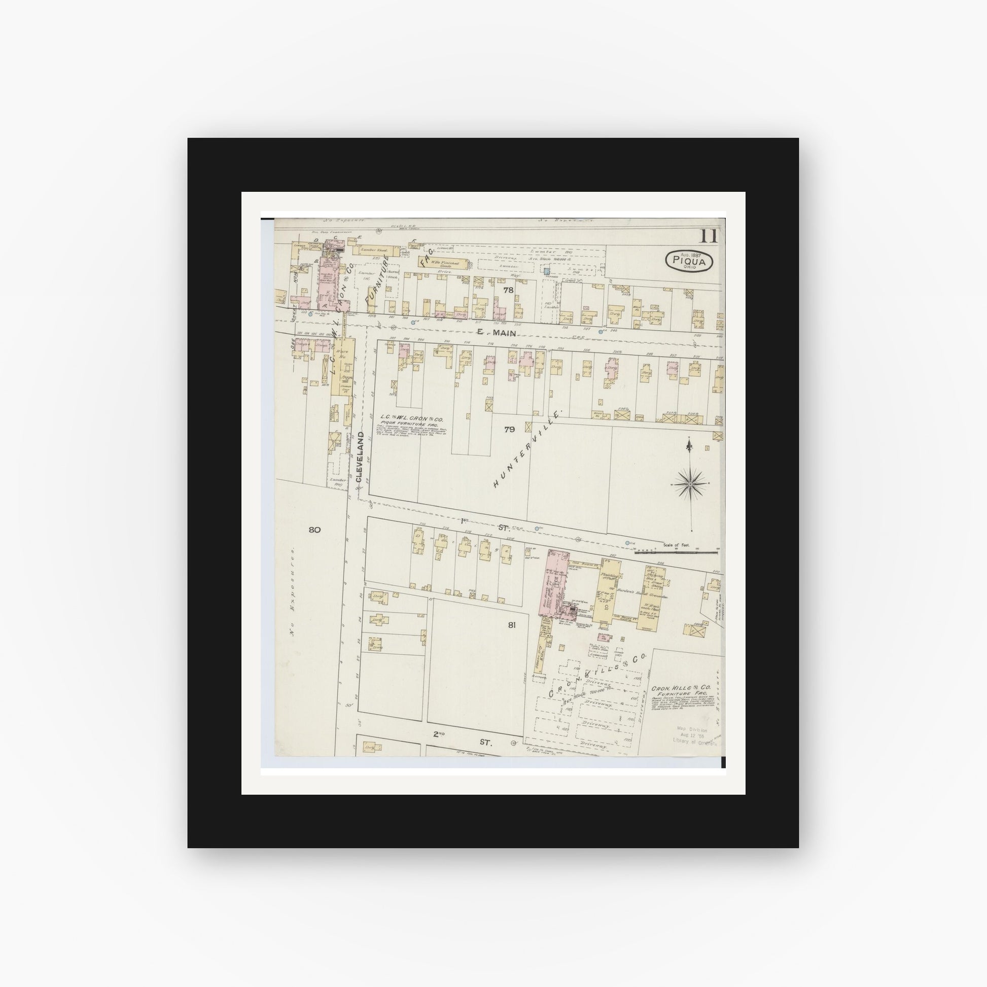 Old map wall art mockup — black gallery frame with white mat — Sanborn Fire Insurance Map from Piqua, Miami County, Ohio (1887), Sheet #0011