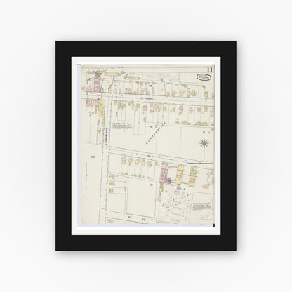 Old map wall art mockup — black gallery frame with white mat — Sanborn Fire Insurance Map from Piqua, Miami County, Ohio (1887), Sheet #0011