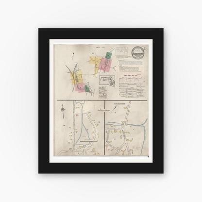 Old map wall art mockup — black gallery frame with white mat — Sanborn Fire Insurance Map from Ashburnham, Worcester County, Massachusetts (1942), Sheet #0001