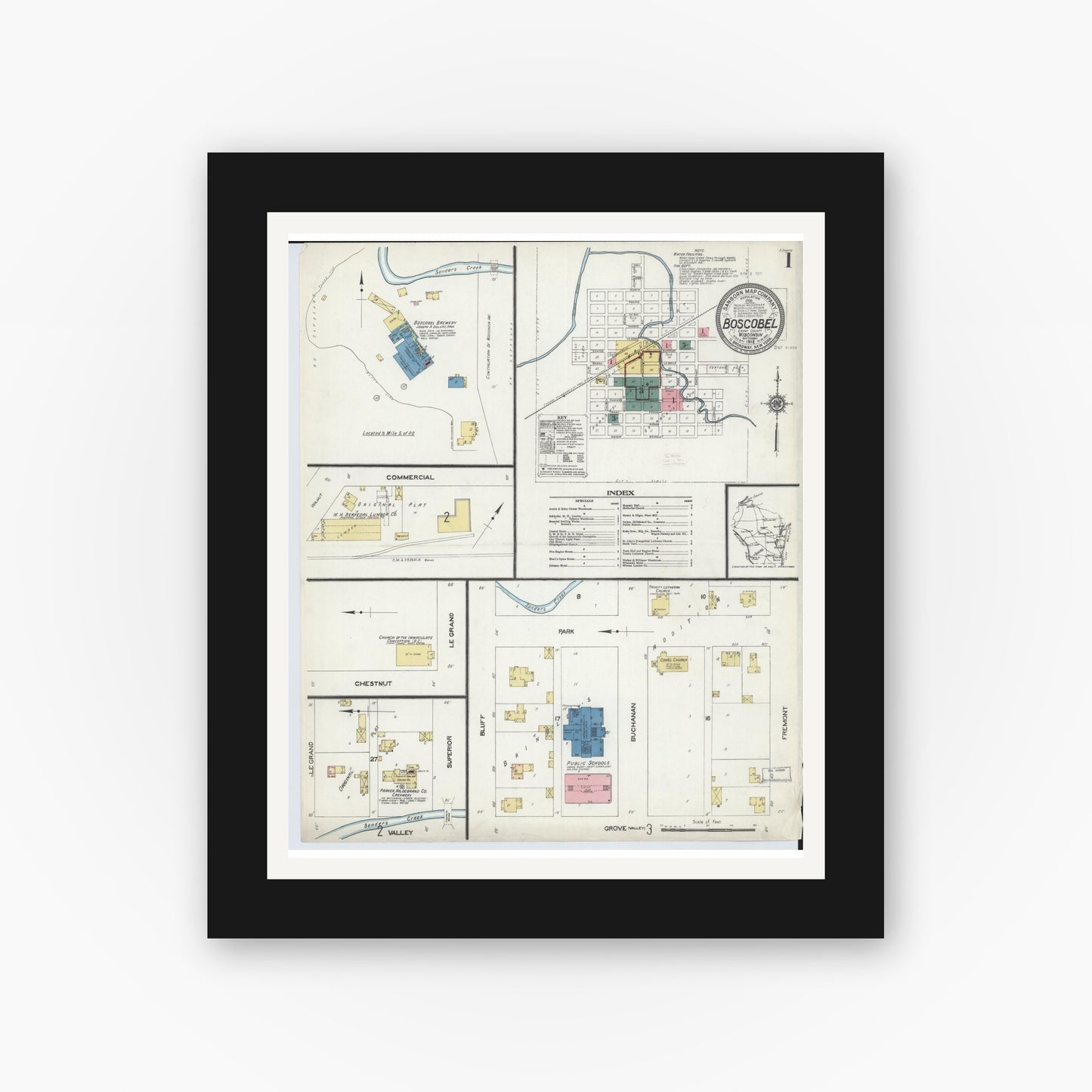Old map wall art mockup — black gallery frame with white mat — Sanborn Fire Insurance Map from Boscobel, Grant County, Wisconsin (1912) - Complete Map Set