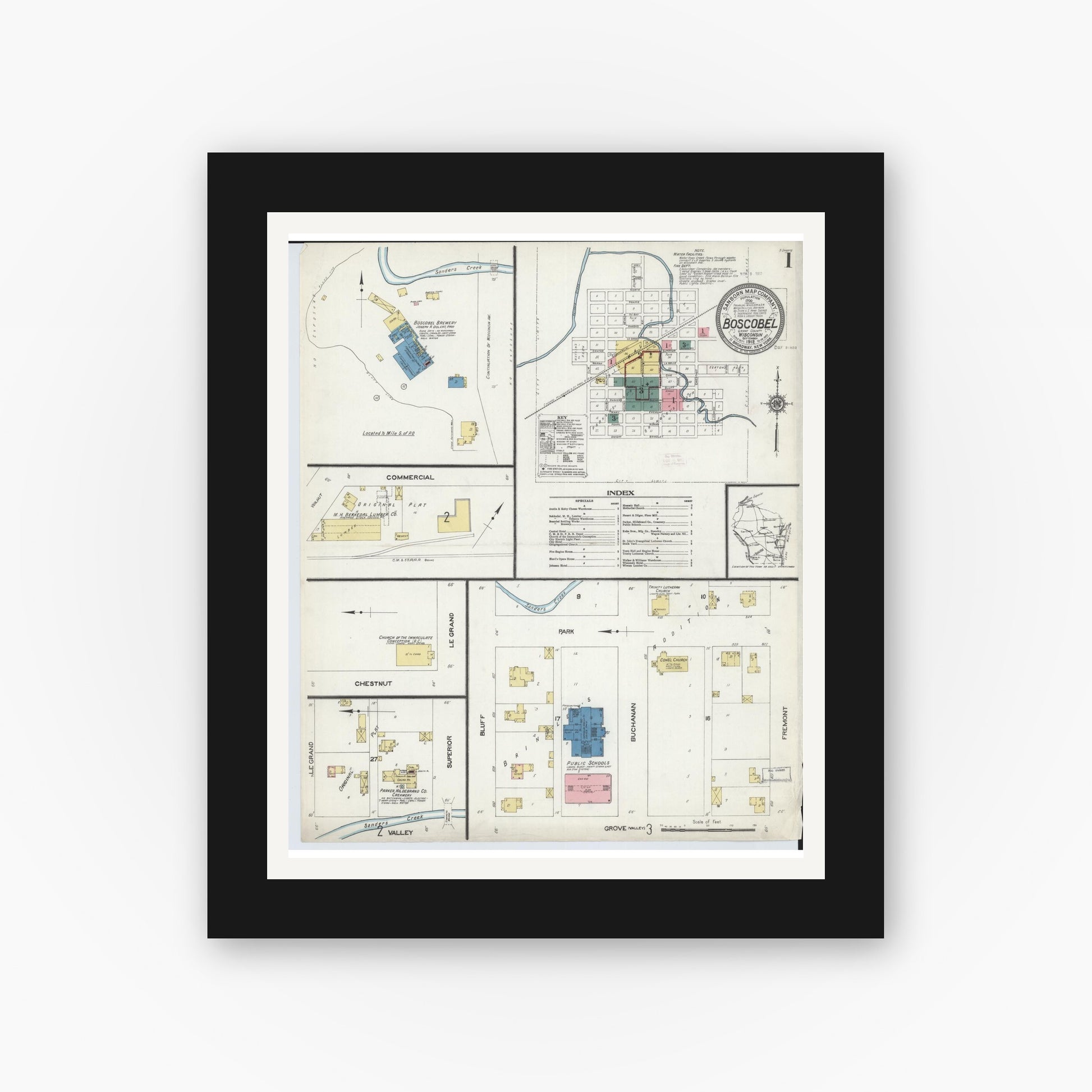 Old map wall art mockup — black gallery frame with white mat — Sanborn Fire Insurance Map from Boscobel, Grant County, Wisconsin (1912) - Complete Map Set