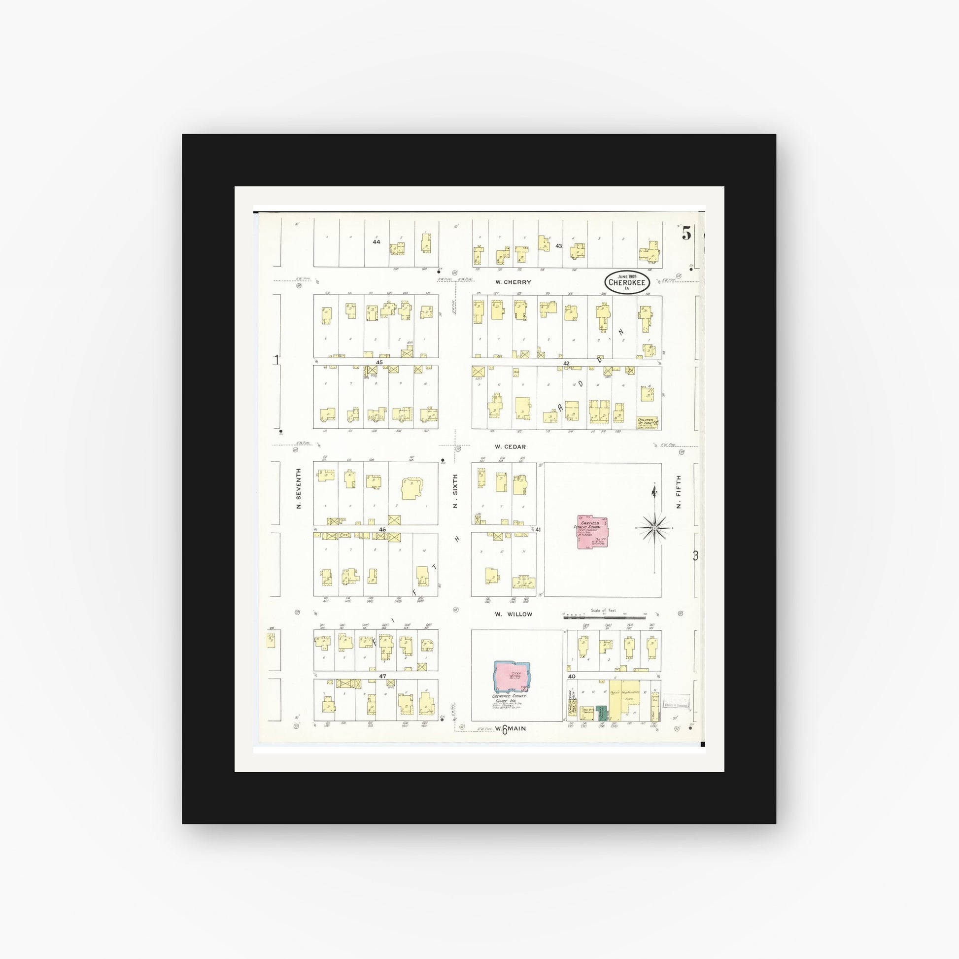 Old map wall art mockup — black gallery frame with white mat — Sanborn Fire Insurance Map from Cherokee, Cherokee County, Iowa (1909), Sheet #0005
