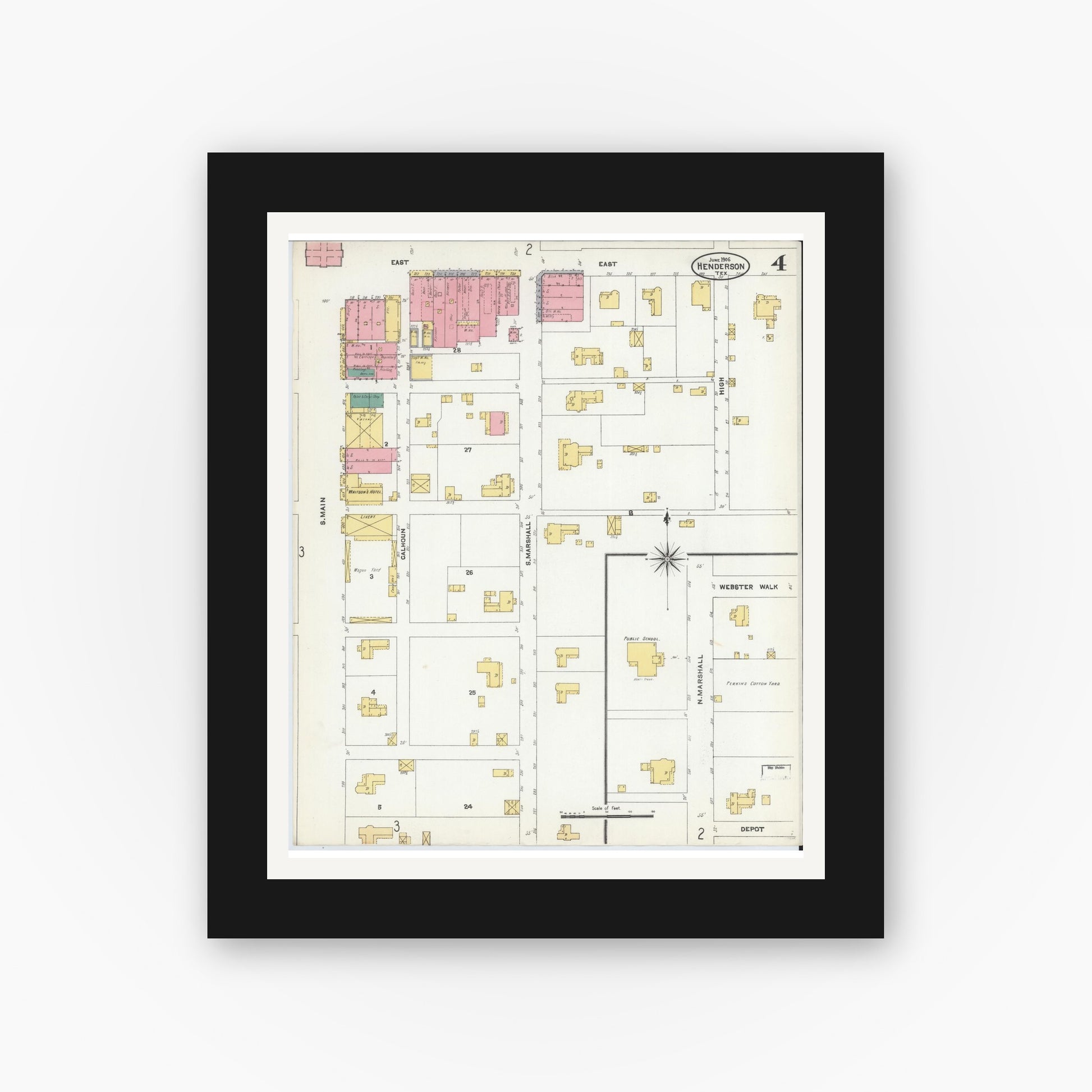 Old map wall art mockup — black gallery frame with white mat — Sanborn Fire Insurance Map from Henderson, Rusk County, Texas (1906), Sheet #0004