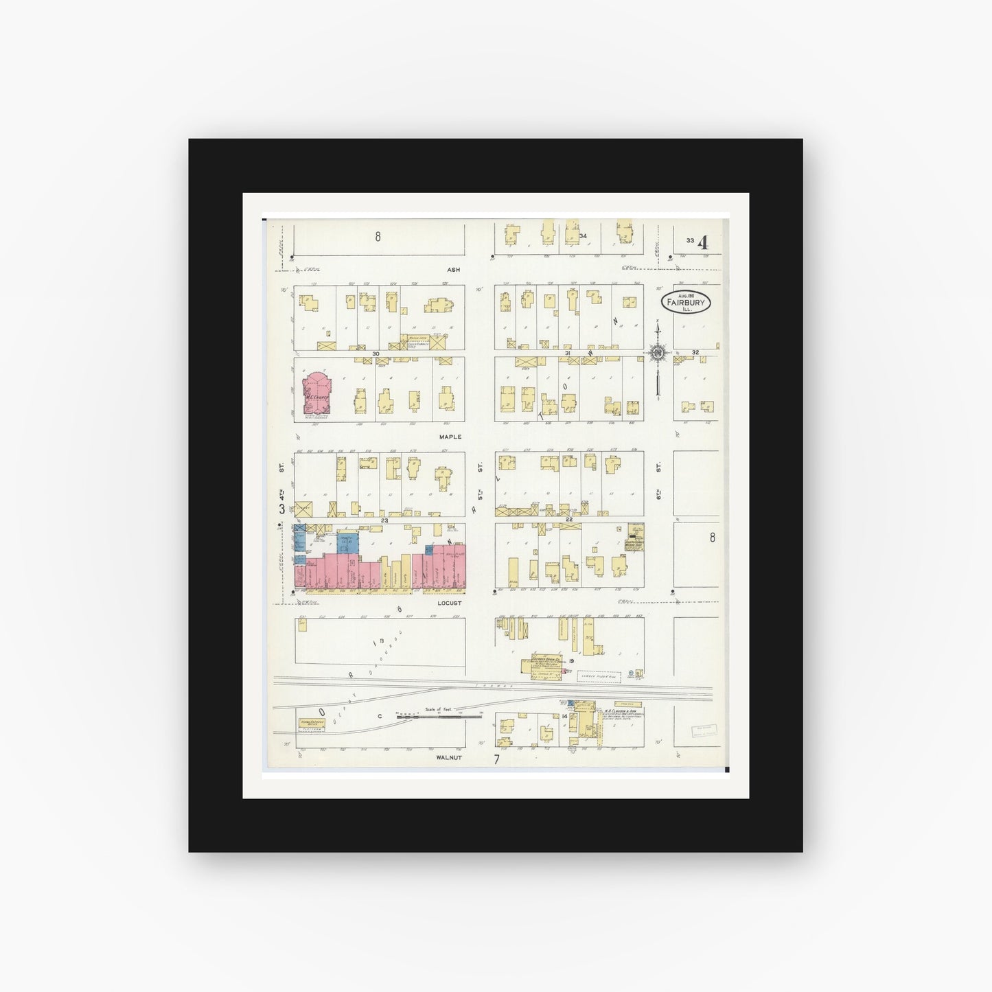 Old map wall art mockup — black gallery frame with white mat — Sanborn Fire Insurance Map from Fairbury, Livingston County, Illinois (1911), Sheet #0004