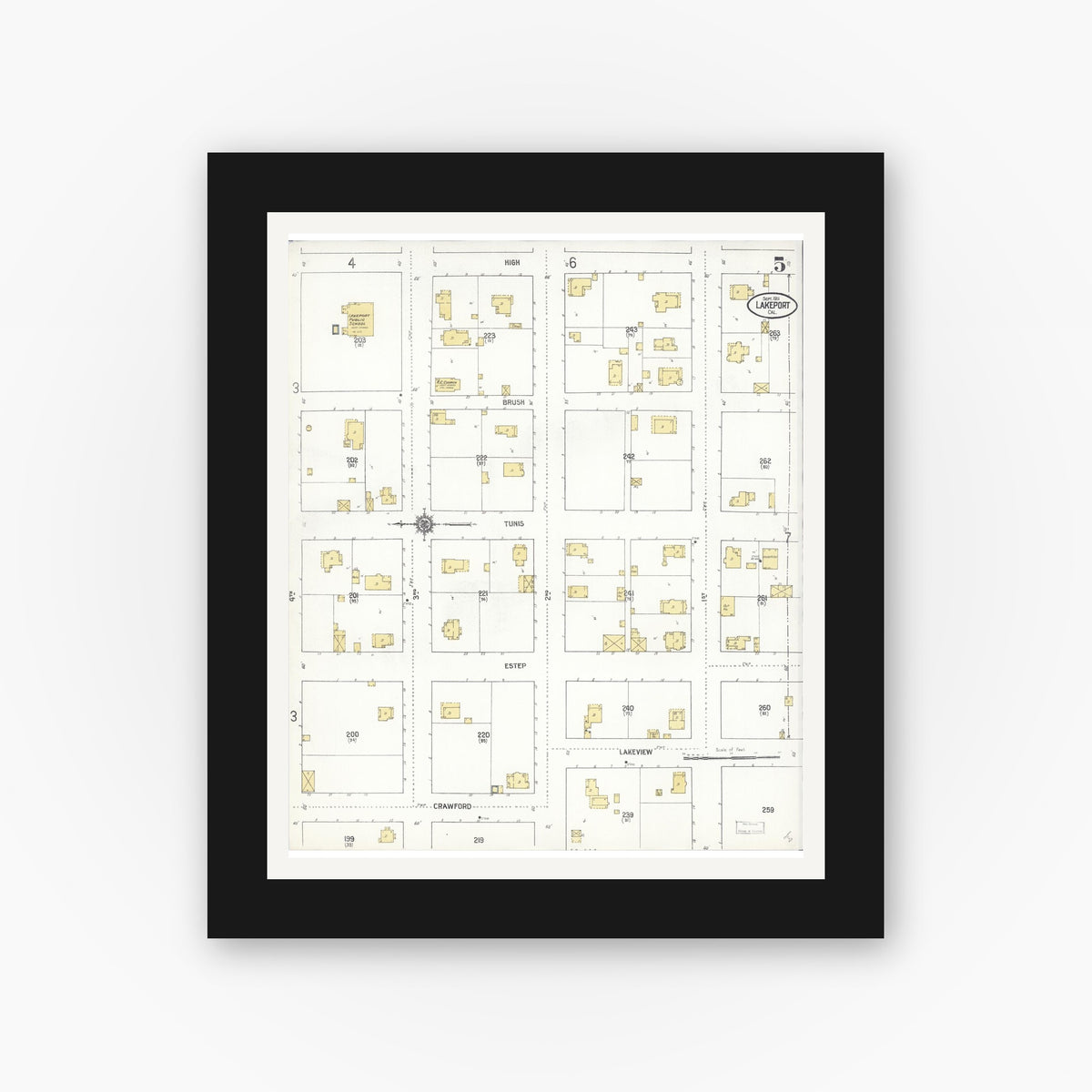 Old map wall art mockup — black gallery frame with white mat — Sanborn Fire Insurance Map from Lakeport, Lake County, California (1911), Sheet #0005