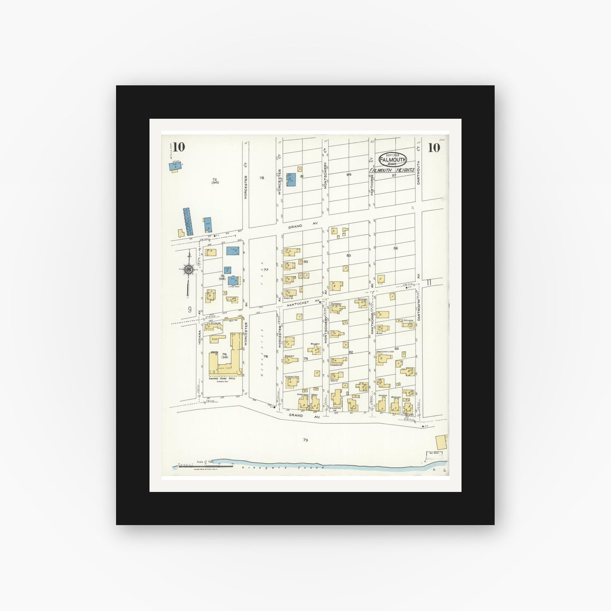 Old map wall art mockup — black gallery frame with white mat — Sanborn Fire Insurance Map from Falmouth, Barnstable County, Massachusetts (1923), Sheet #0010