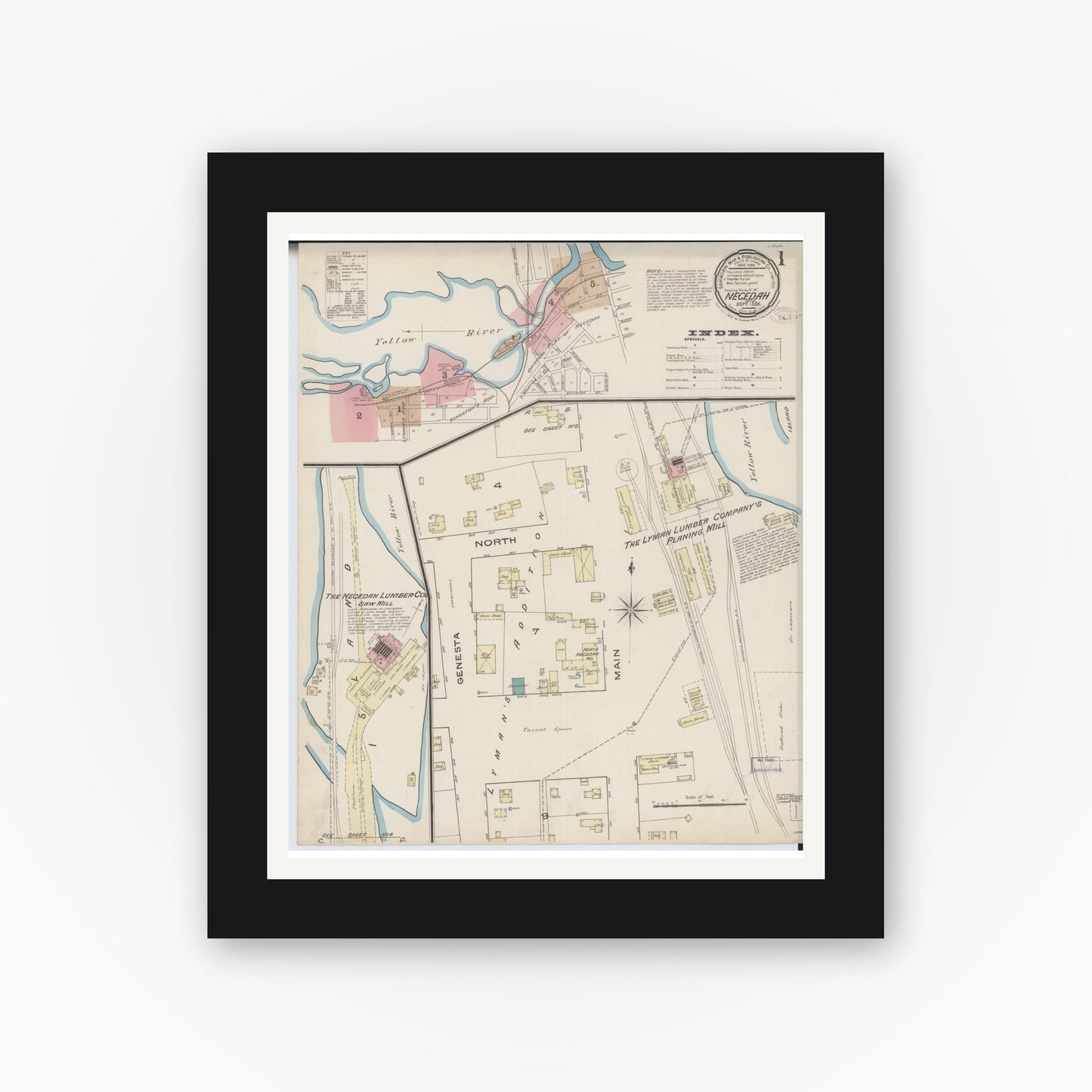 Old map wall art mockup — black gallery frame with white mat — Sanborn Fire Insurance Map from Necedah, Juneau County, Wisconsin (1885) - Complete Map Set