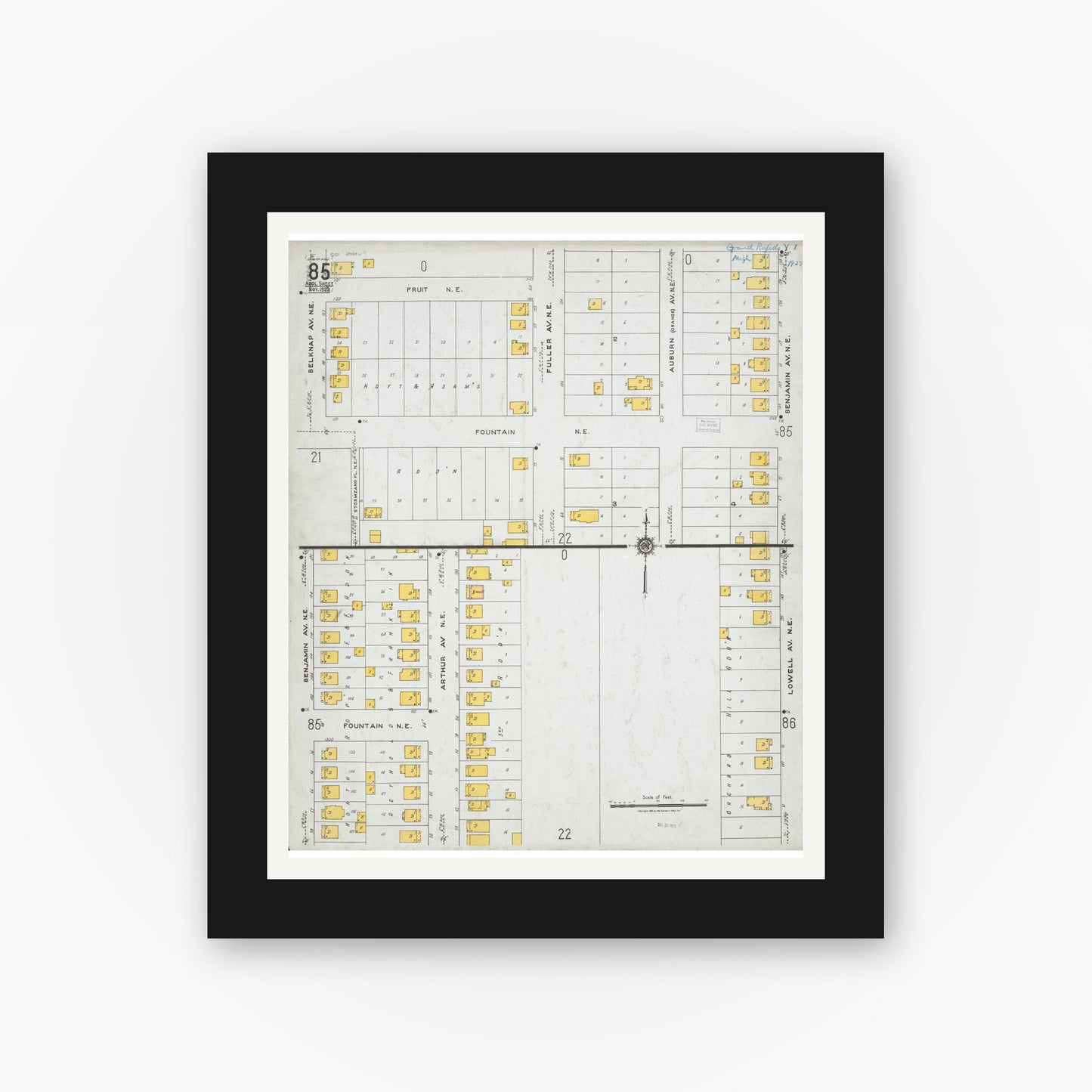 Old map wall art mockup — black gallery frame with white mat — Sanborn Fire Insurance Map from Grand Rapids, Kent County, Michigan (1923) - Complete Map Set