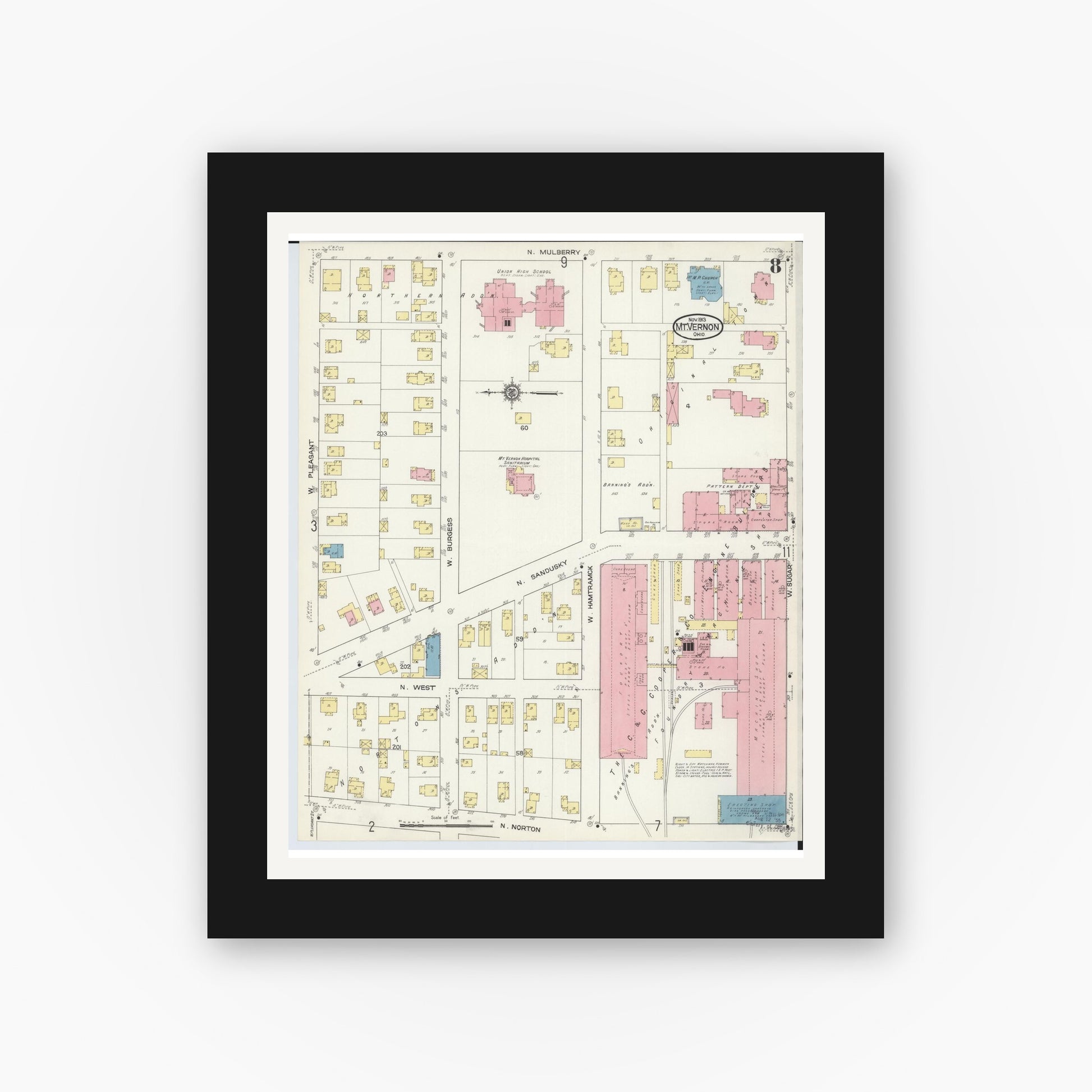 Old map wall art mockup — black gallery frame with white mat — Sanborn Fire Insurance Map from Mount Vernon, Knox County, Ohio (1913), Sheet #0008